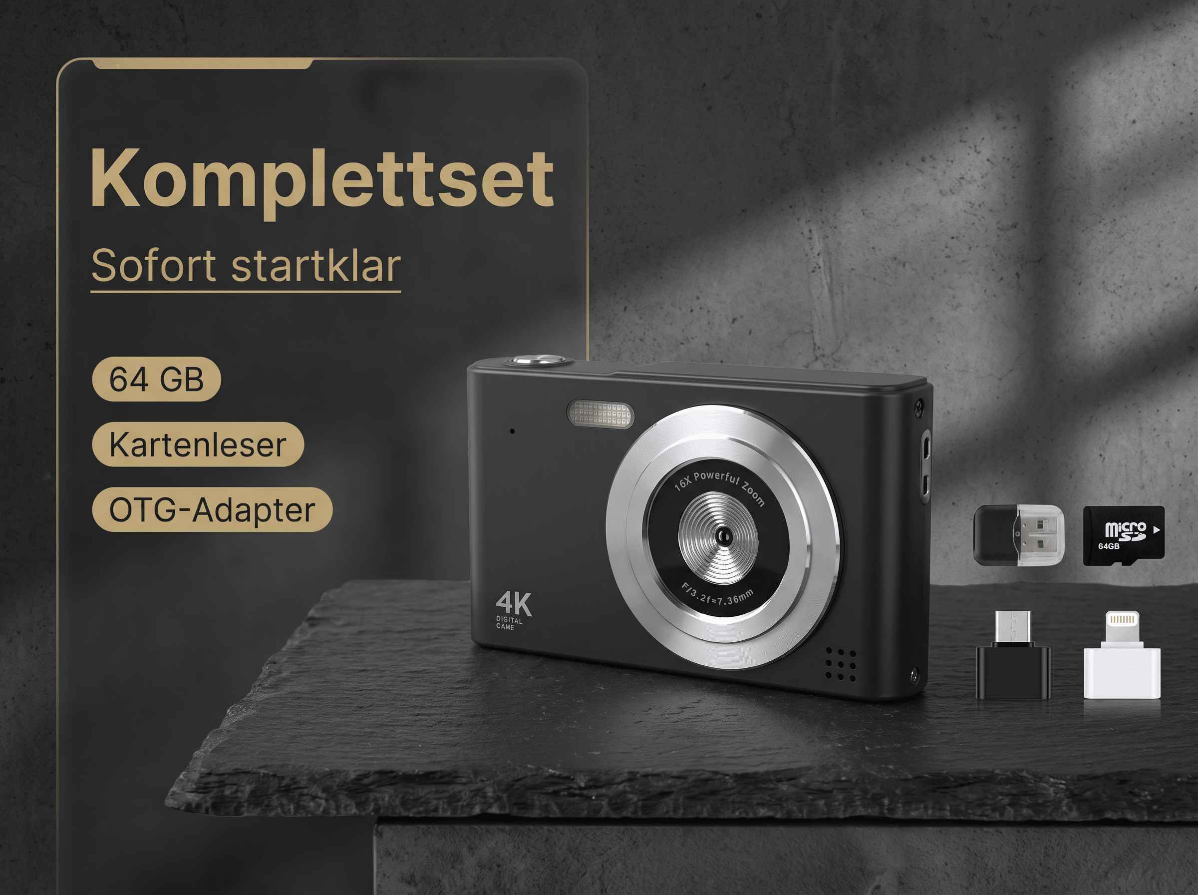 Ein Komplettset mit Digitalkamera, 64GB Karte, Kartenleser und OTG-Adapter.