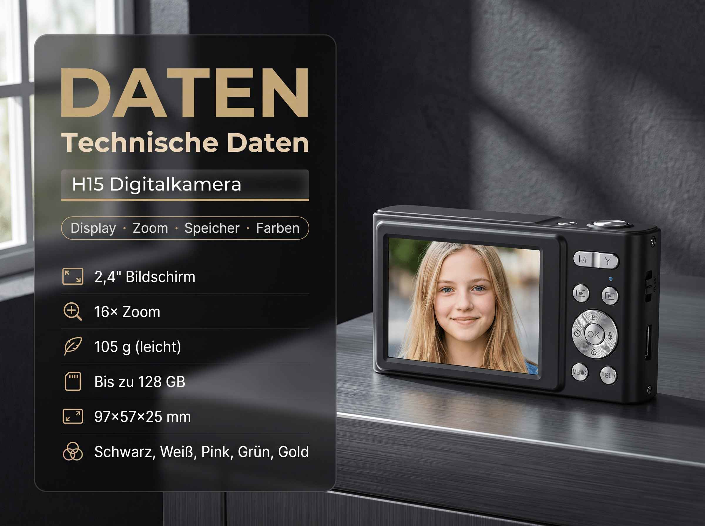 H15 Digitalkamera mit 2,4" Bildschirm, 16x Zoom, leicht, bis 128 GB.