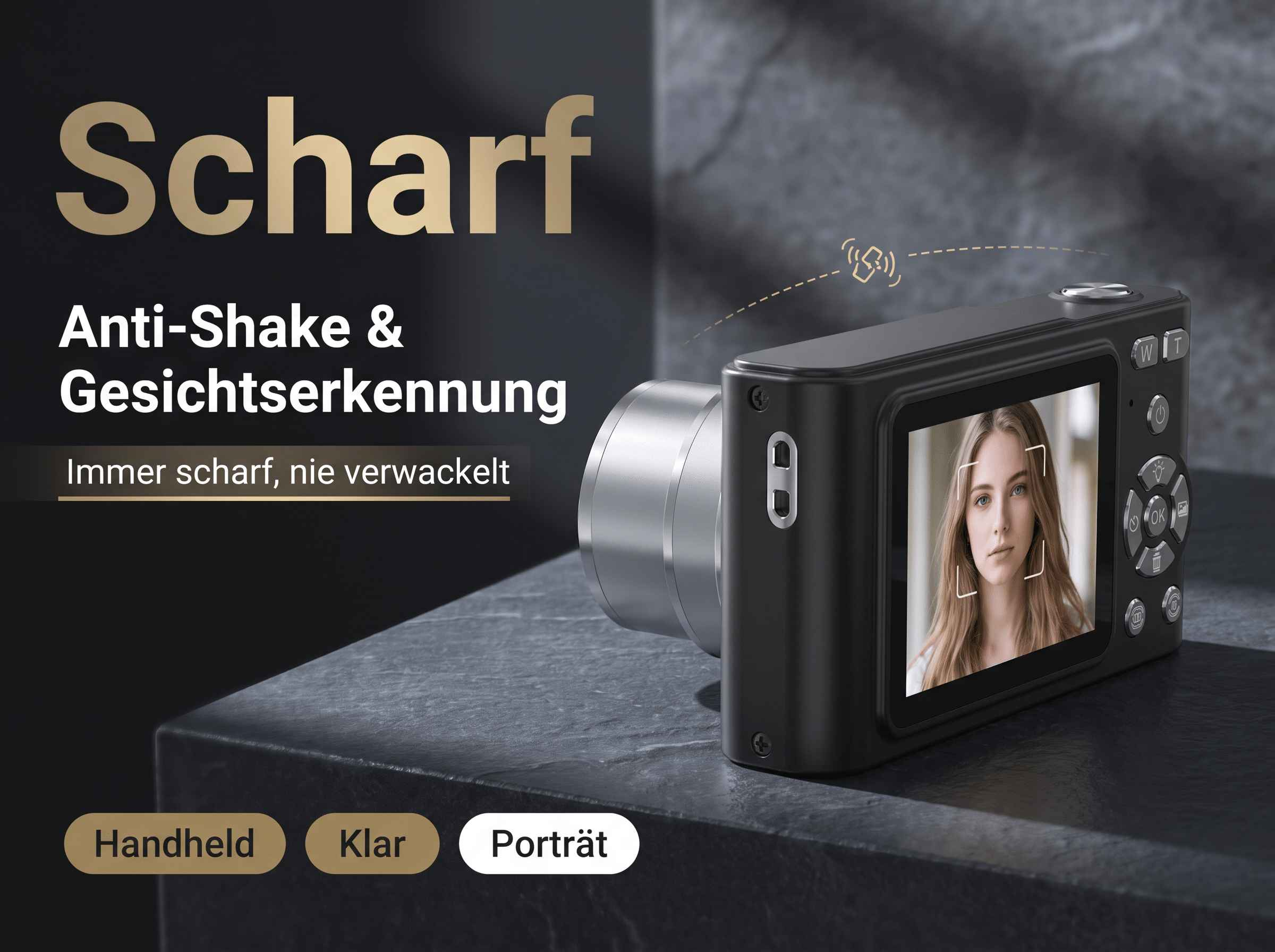 Eine Digitalkamera mit Porträt der Frau auf dem Bildschirm. Text: Scharf.
