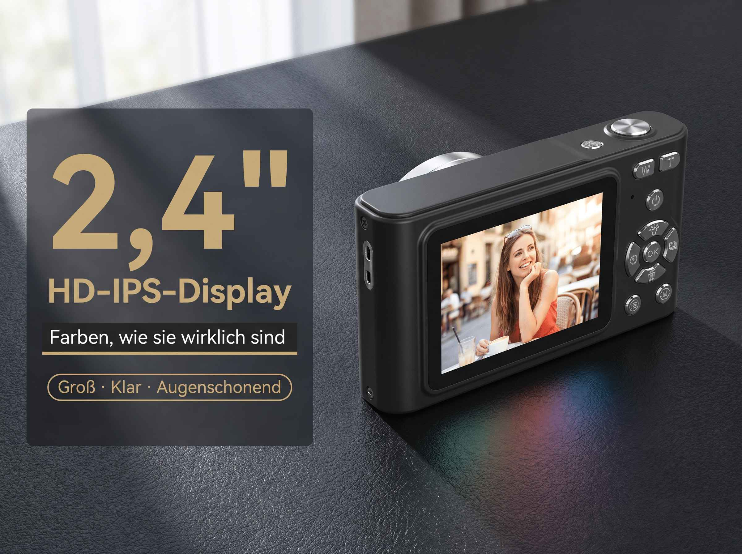 Ein schwarzes Digitalkamera mit 2,4 Zoll HD-IPS-Display, das eine lächelnde Frau zeigt.