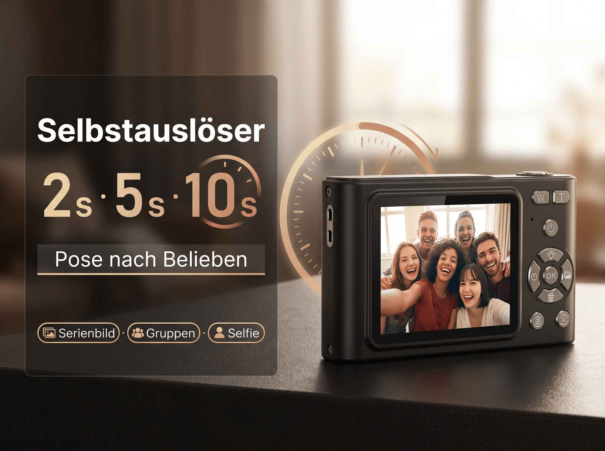 Digitalkamera mit Freunden, die ein Selfie machen. Timer-Optionen: 2s, 5s, 10s.
