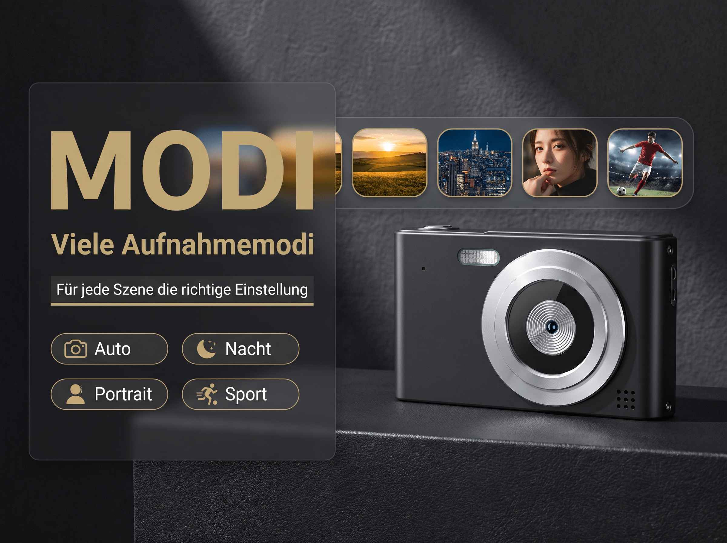 Ein schwarzer Fotoapparat mit verschiedenen Aufnahmemodi wie Auto, Nacht, Porträt und Sport.