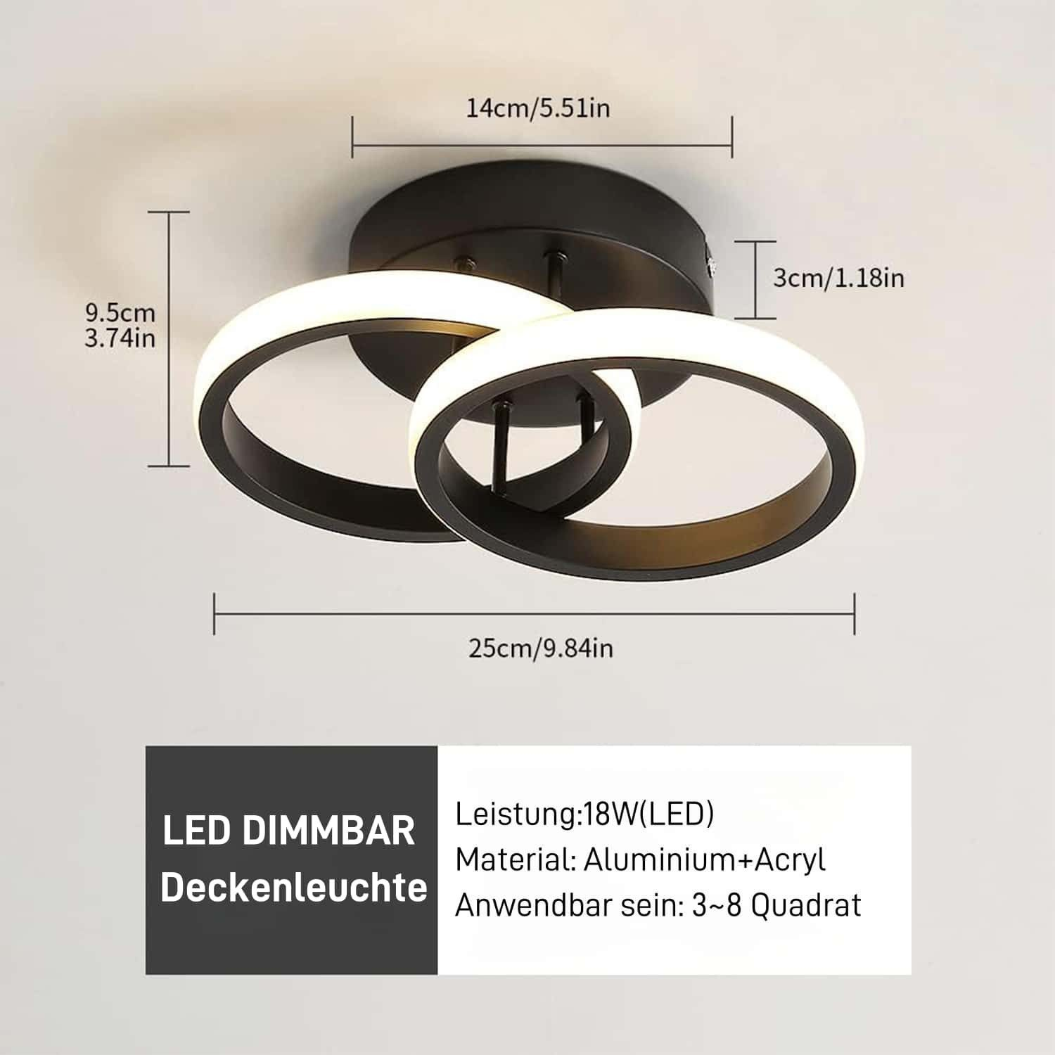 Moderne schwarze Deckenleuchte mit zwei überlappenden Ringen und LED-Beleuchtung.
