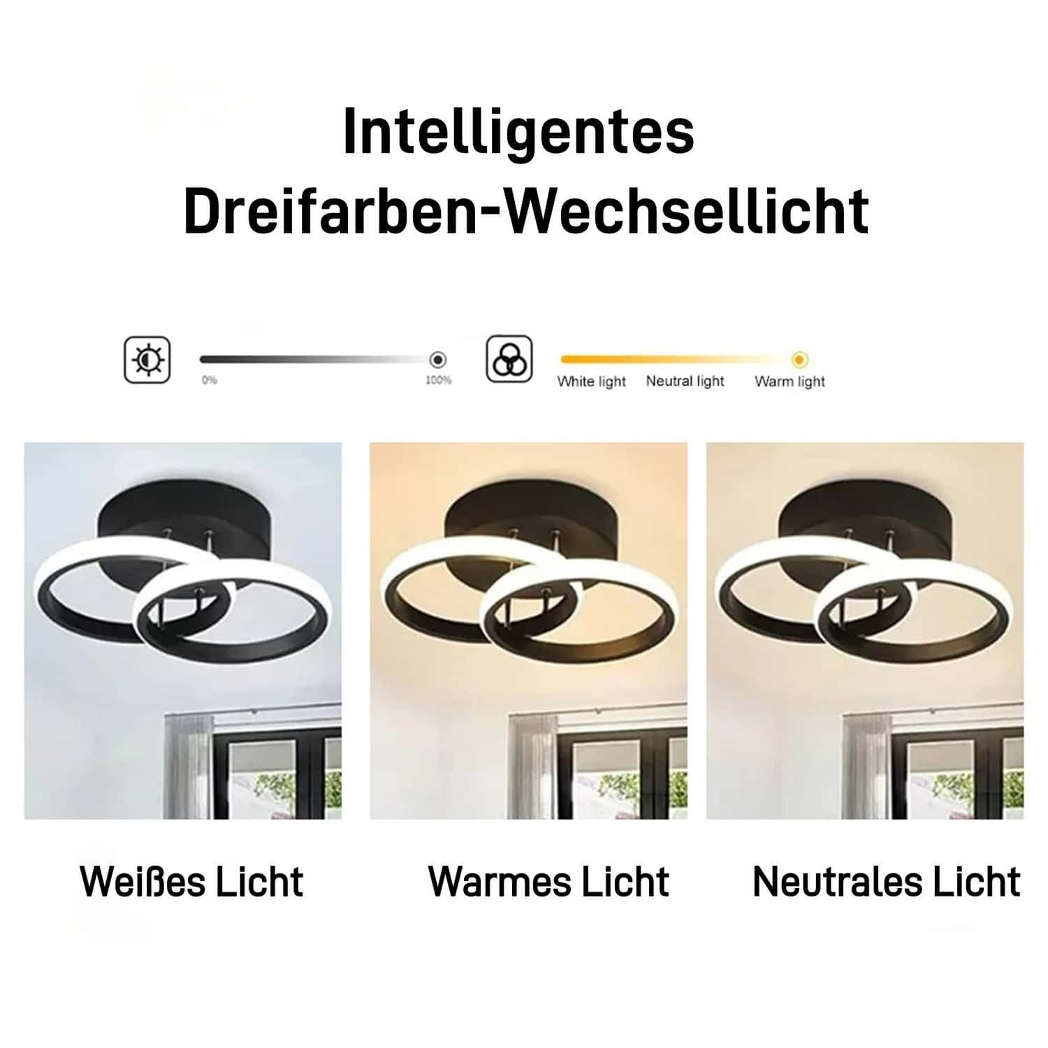 Moderne Deckenleuchte mit drei Ringen, zeigt weißes, warmes und neutrales Licht.