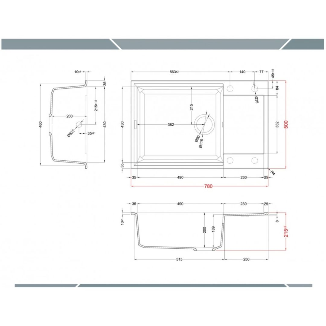 Disegno tecnico di un lavello con dimensioni e viste.