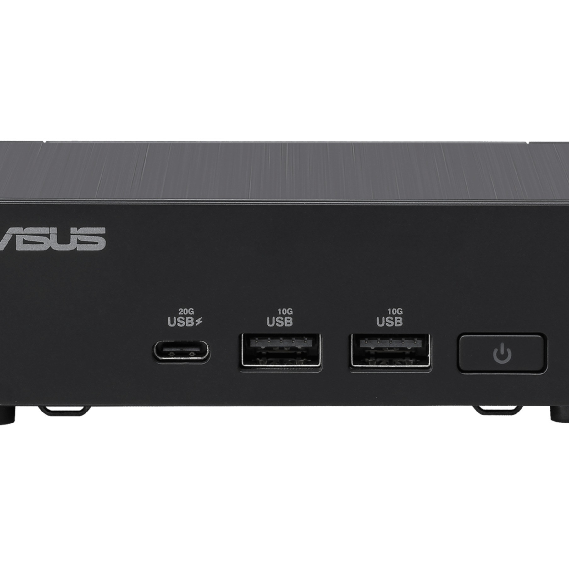 Schwarzer Mini-PC mit ASUS-Logo, USB-C, zwei USB-A und Power-Taste.