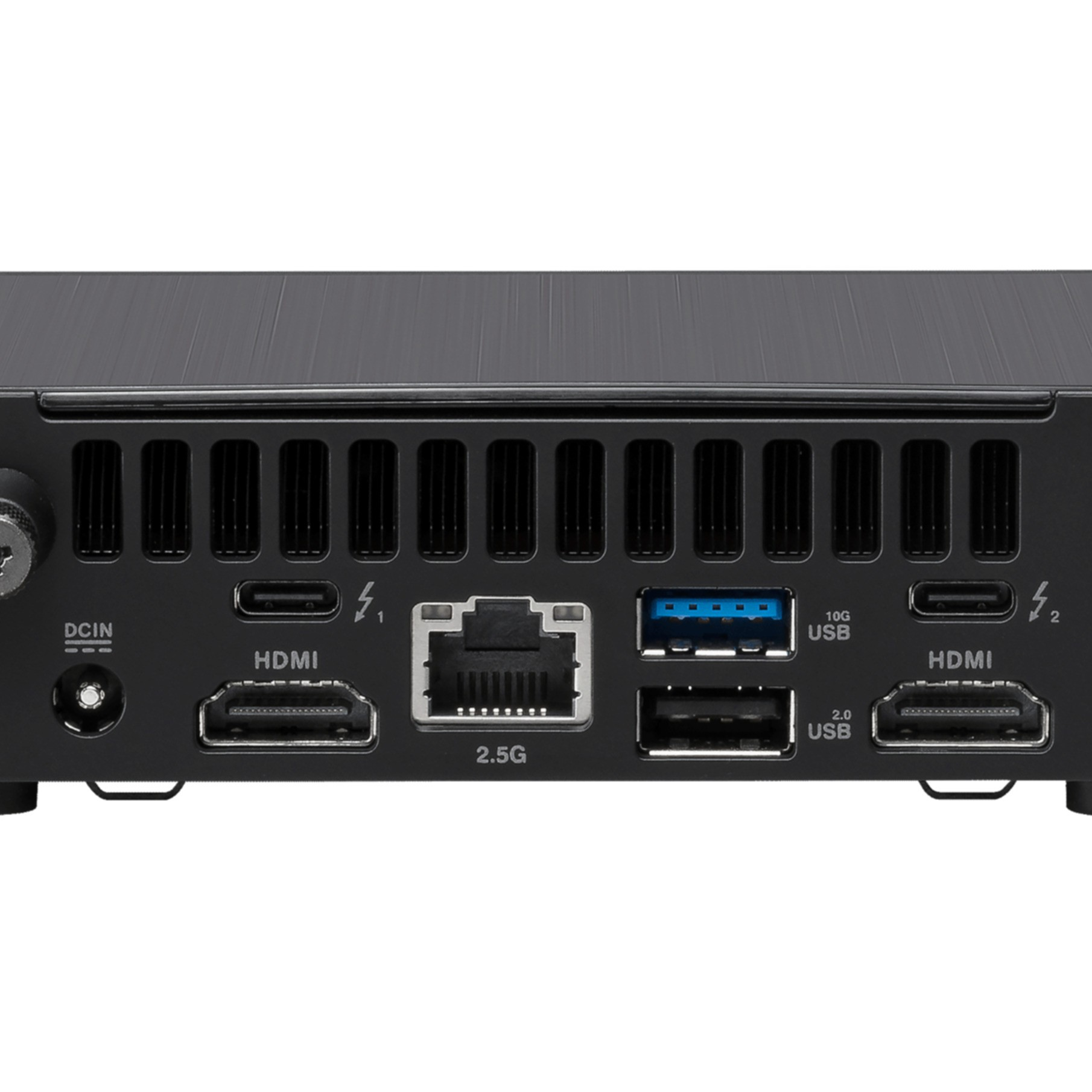 Rückseite eines schwarzen Mini-PCs mit Anschlüssen: DCIN, HDMI, USB-C, Thunderbolt, Ethernet, USB-A.