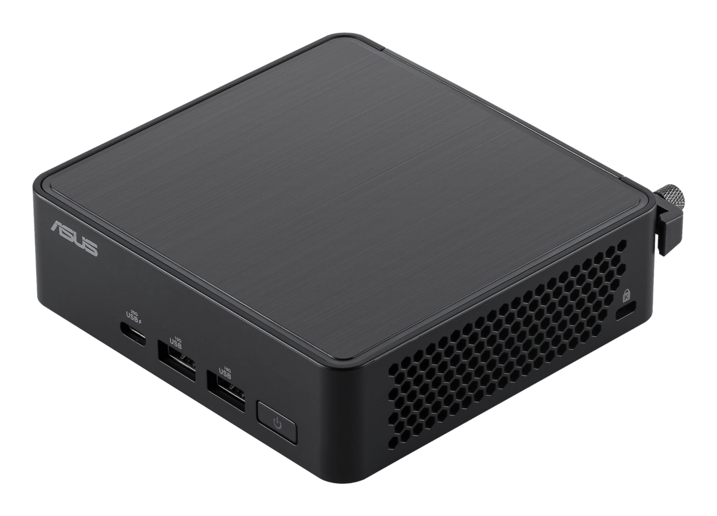 Ein schwarzer ASUS Mini-PC mit USB-Anschlüssen und Lüftungsgitter.