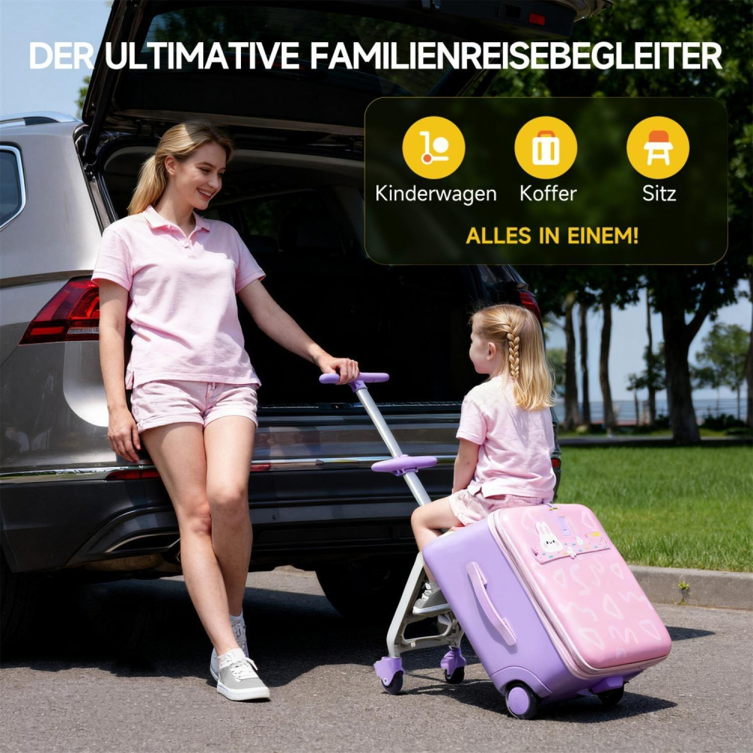 Frau und Kind am Auto mit pinkem Rollkoffer und Kinderwagen-Sitz-Kombination.