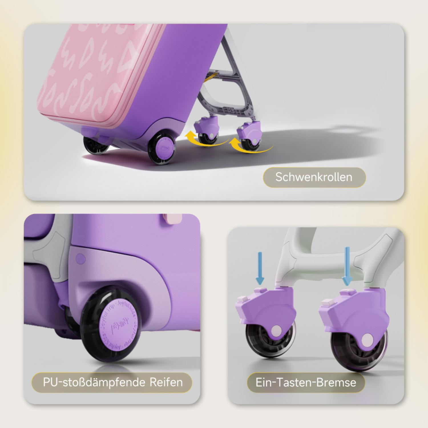 Violette Kinderreisetasche mit drehbaren Rädern, stoßdämpfenden Reifen und Ein-Tasten-Bremse.