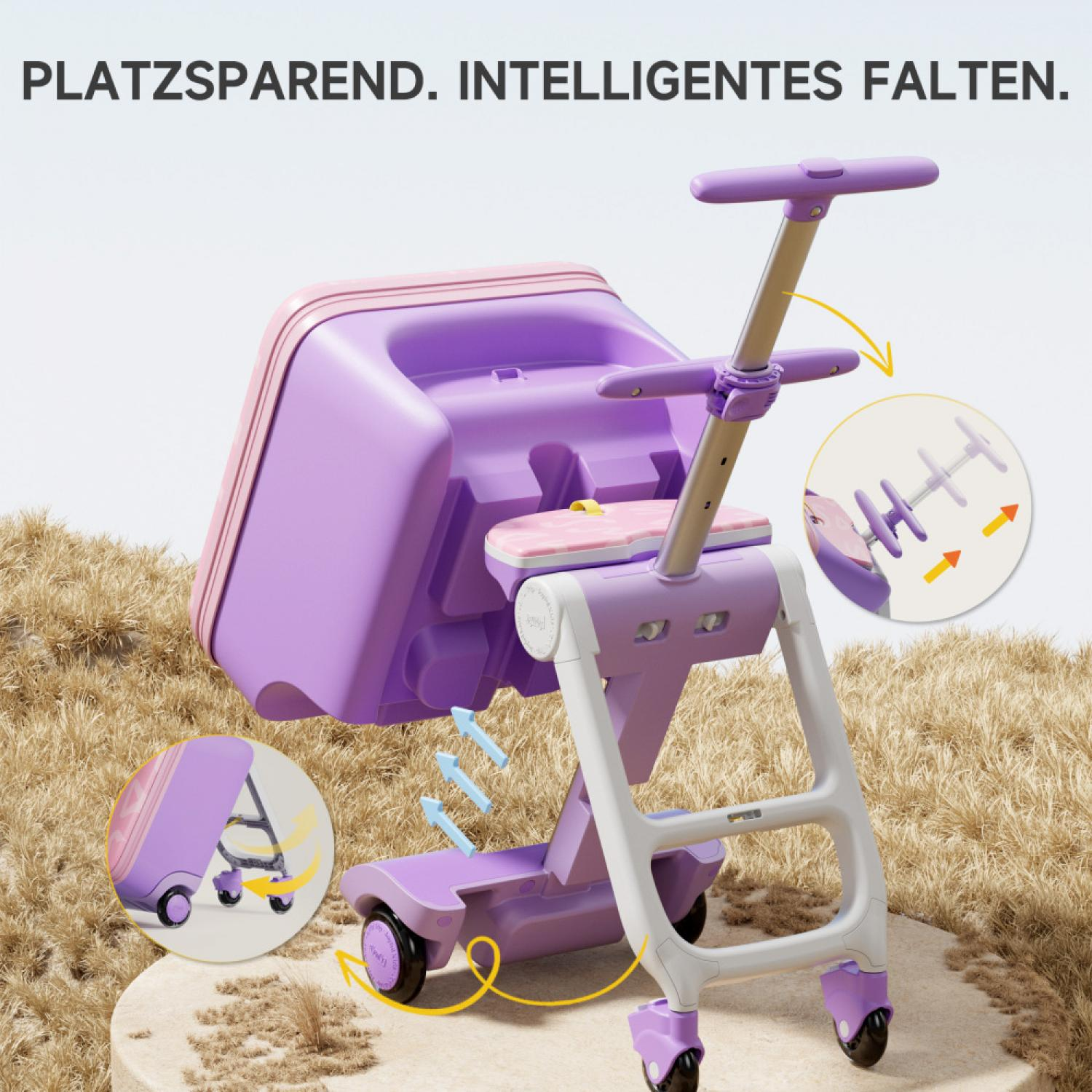 Lila und weiße zusammenklappbare Kinderkarre mit Griff und Rädern.