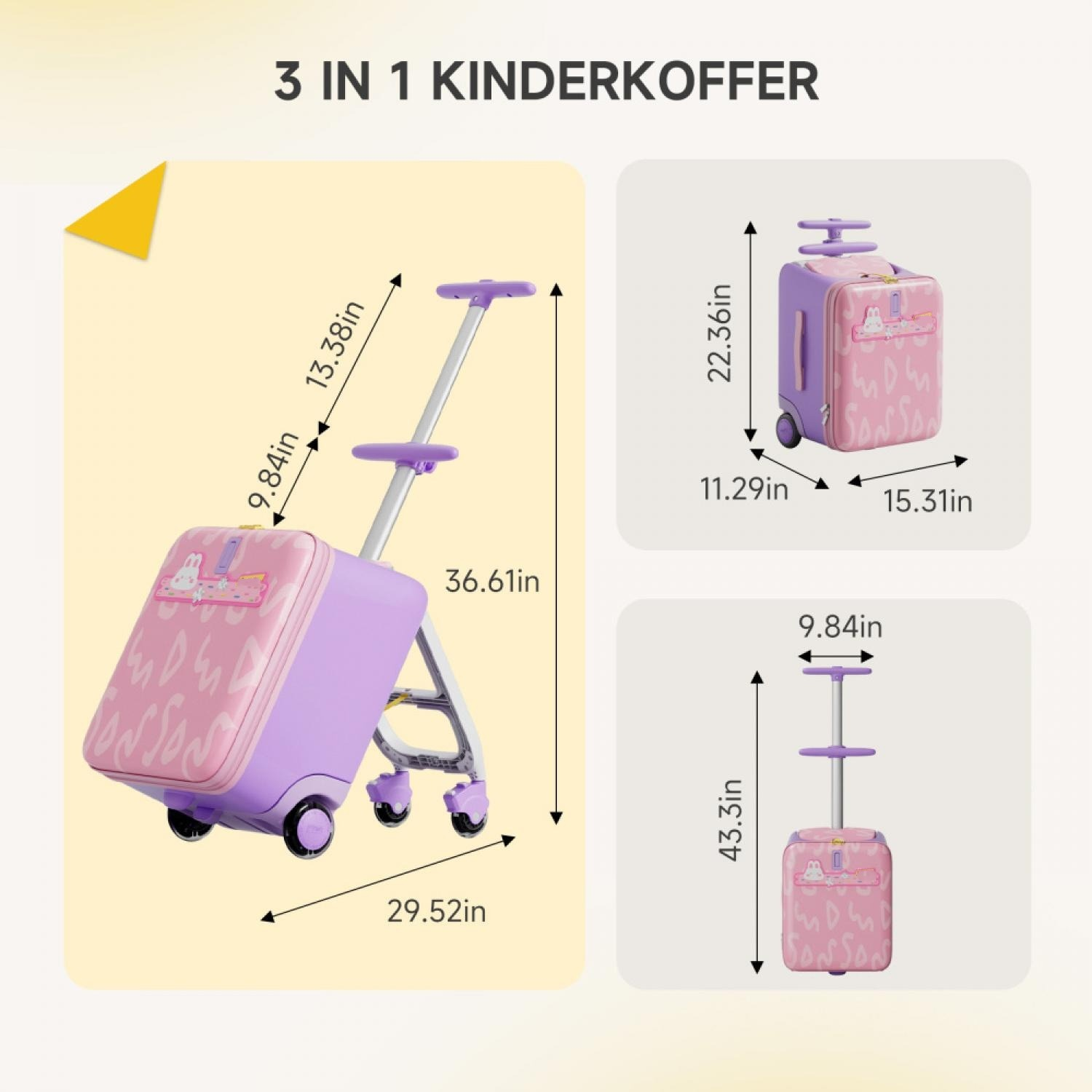 Lila und rosa Kinderkoffer mit Rollen und ausziehbarem Griff, 3-in-1.