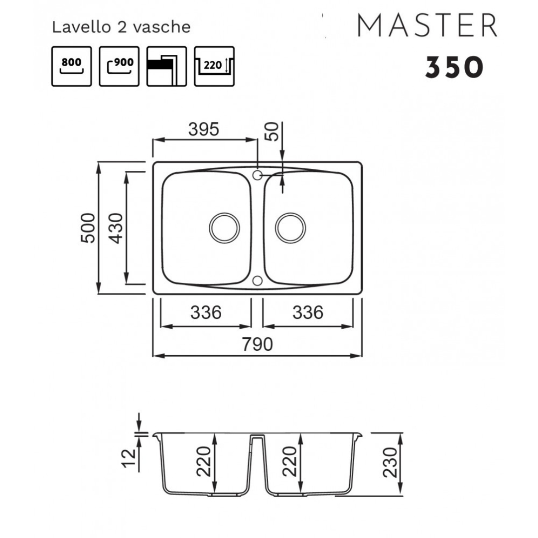 Disegno tecnico di un lavello doppio con dimensioni. Il lavello è largo 790mm e profondo 500mm.