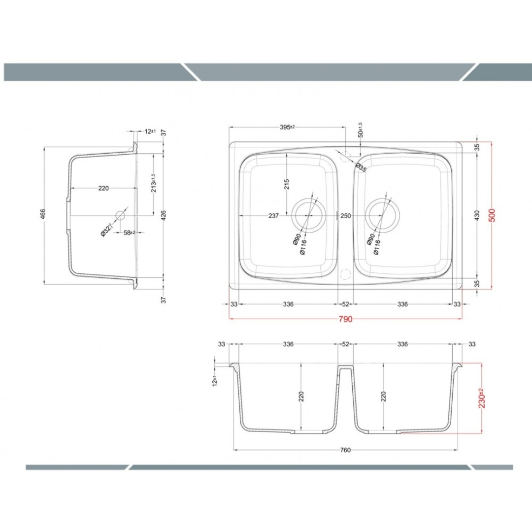 Disegno tecnico di un lavello doppio con dimensioni. Viste dall'alto e laterali mostrate.