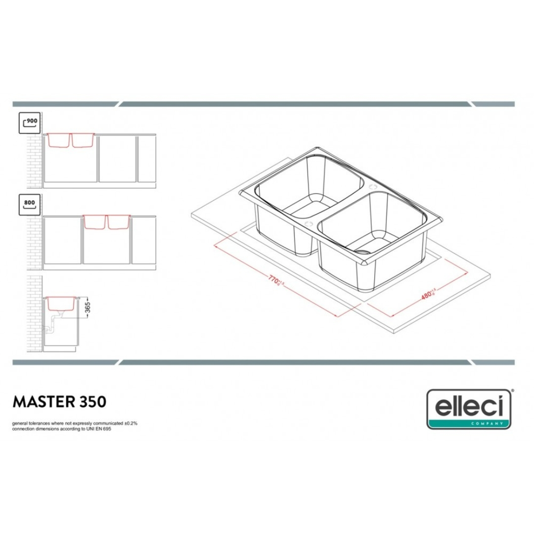 Lavello doppio 770x480 mm, per mobili da 800 e 900 mm.