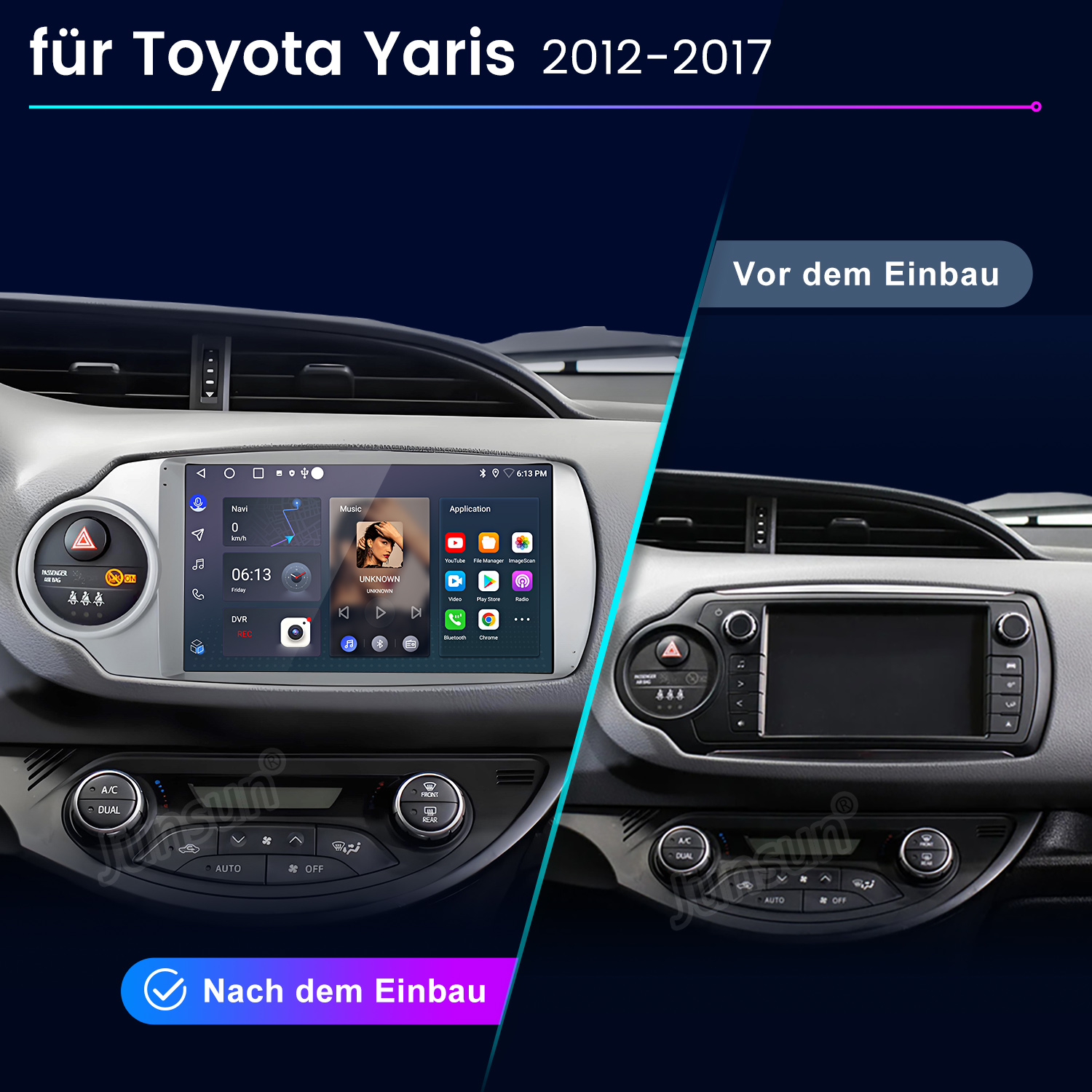 Vorher/Nachher Vergleich eines Toyota Yaris Infotainmentsystems.