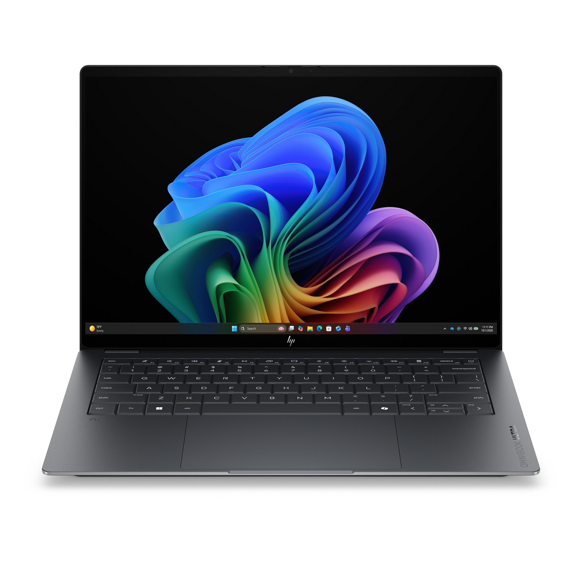 Ein graues HP Laptop mit einem bunten Hintergrund auf dem Bildschirm.