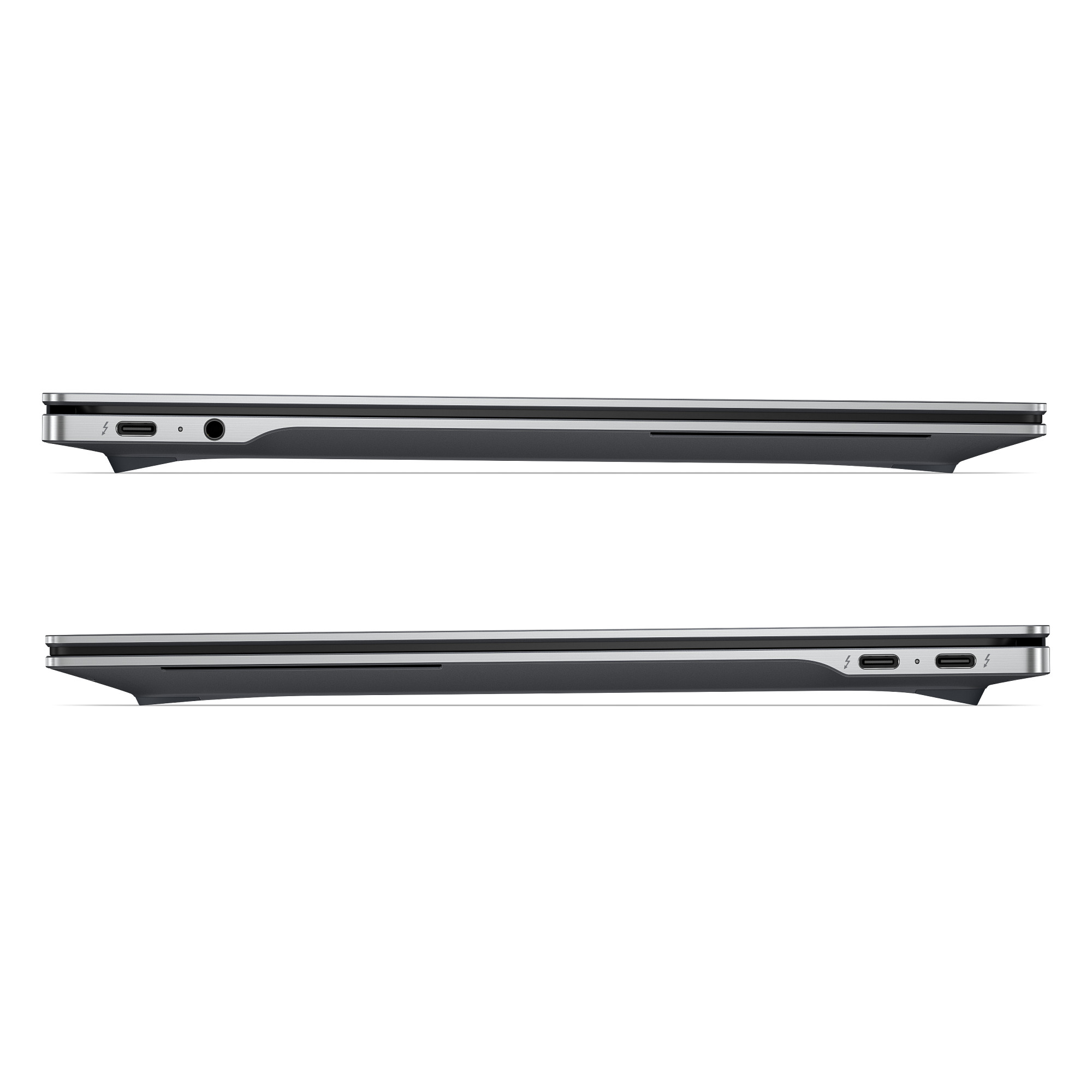 Zwei Seitenansichten eines geschlossenen Laptops. Oben: Anschlüsse an der linken Seite. Unten: Anschlüsse an der rechten Seite.