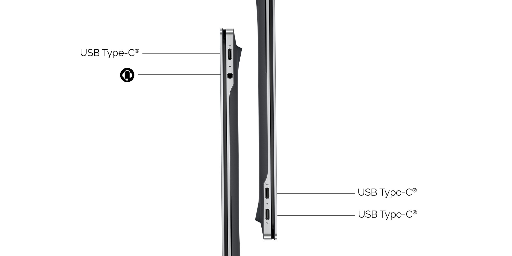 Zwei Seitenansichten eines Laptops mit USB-C-Anschlüssen und Kopfhörerbuchse.