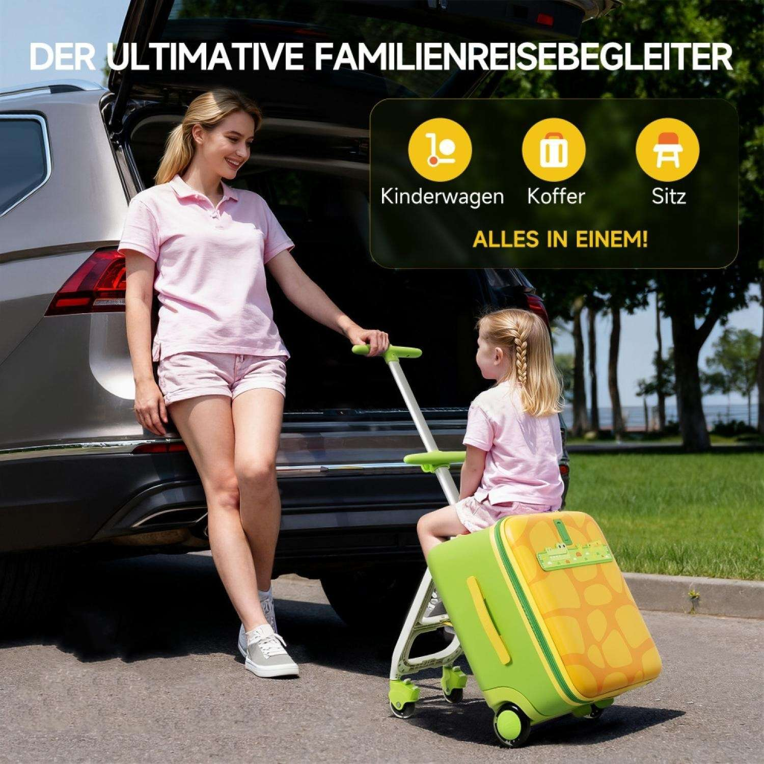 Frau und Kind vor offenem Kofferraum, Kind sitzt auf Koffer-Trolley.