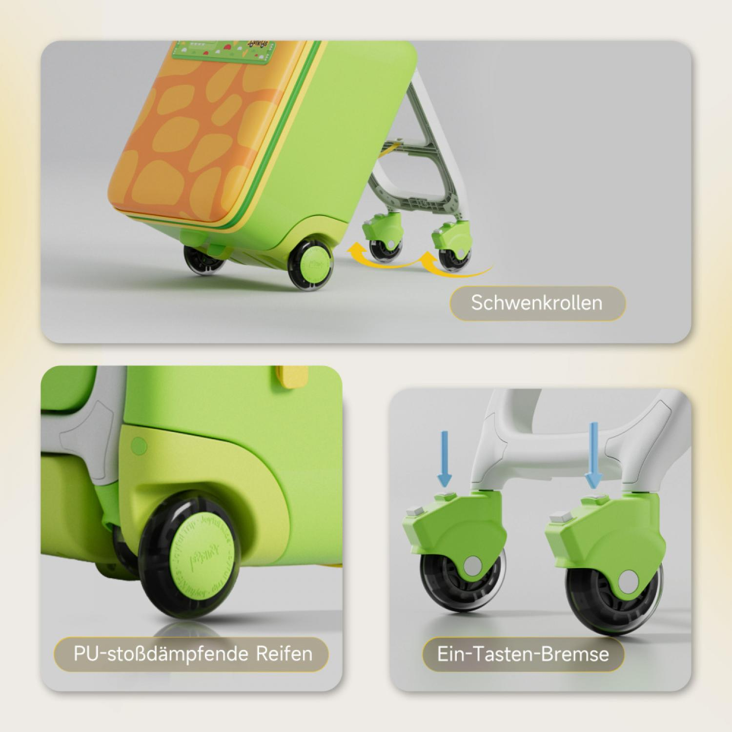 Grüner Koffer mit Giraffenmuster, Schwenkrädern, PU-Rädern und Ein-Tasten-Bremse.
