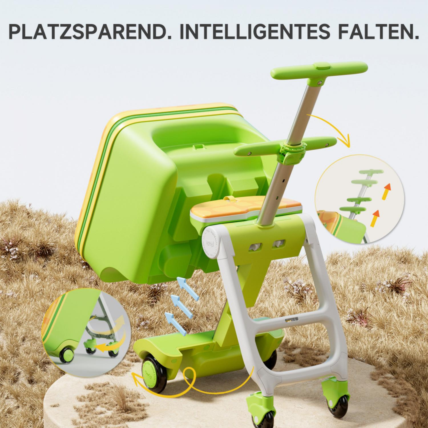 Grüner Kindersitz-Roller mit ausklappbarem Griff und Rädern.