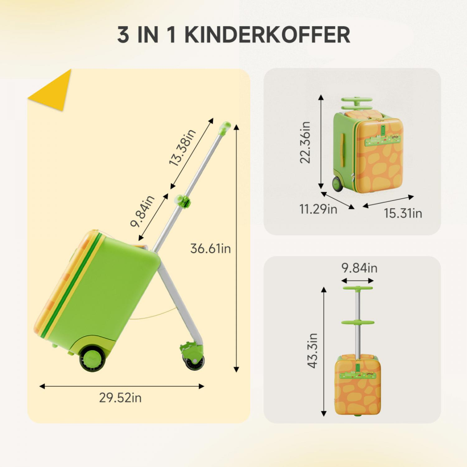 Ein grüner und orangefarbener Kinderkoffer mit Rädern und ausziehbarem Griff.