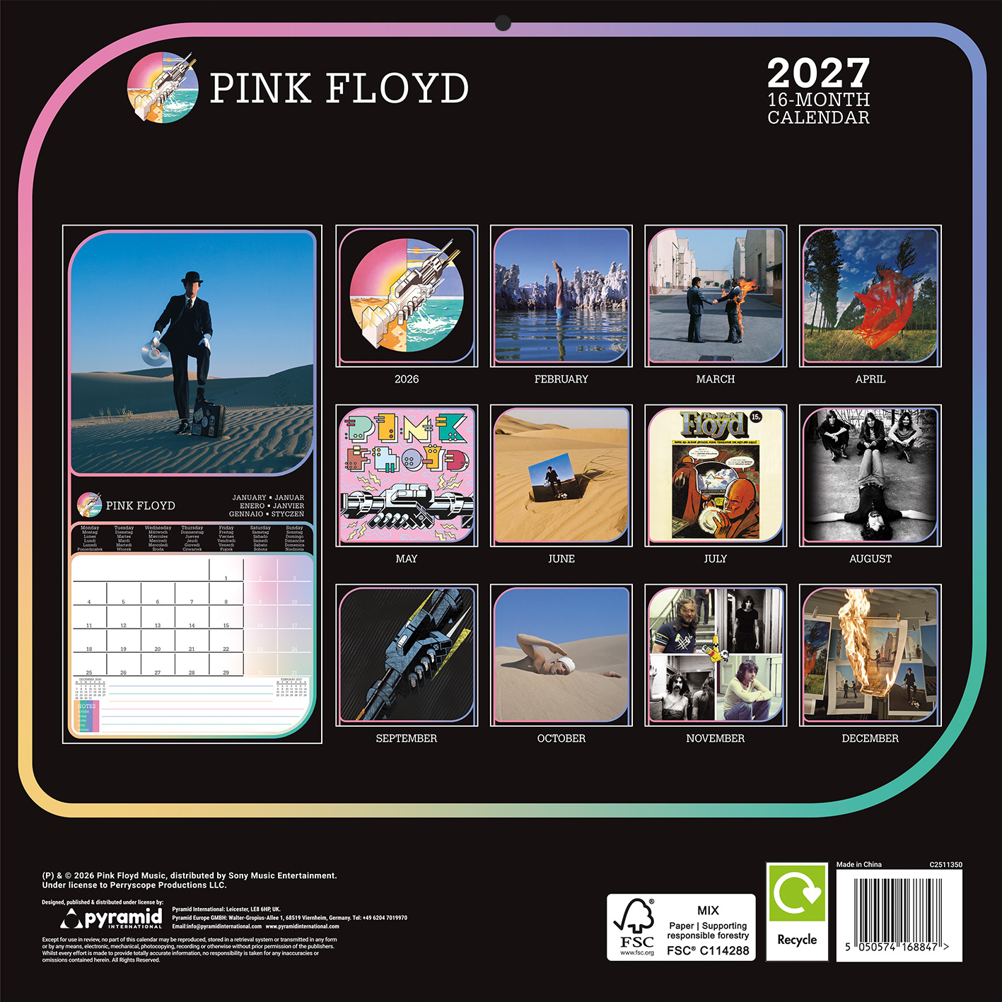Pink Floyd 2027 Kalender mit 16 Monaten, verschiedene Bilder des Monats.