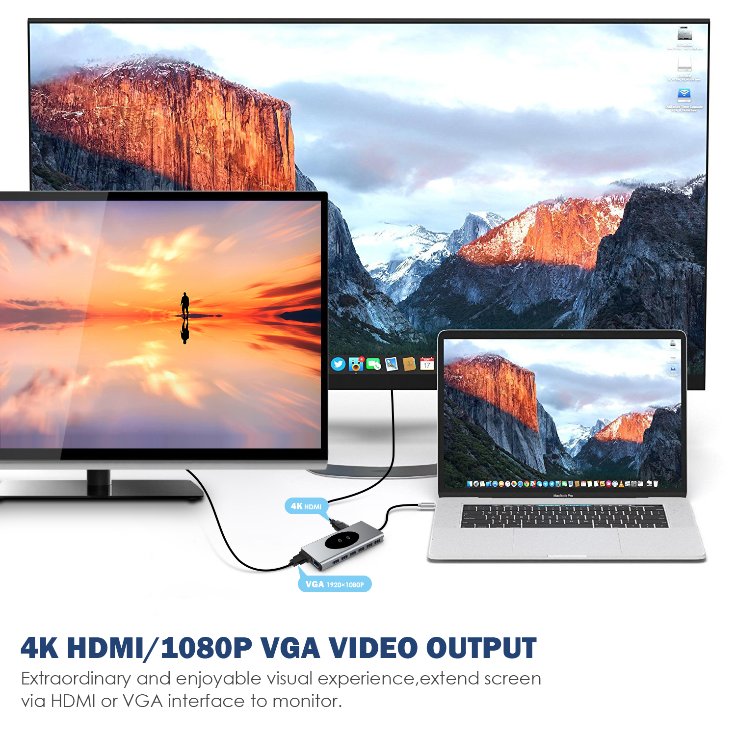 Ein Laptop und zwei Monitore mit Berglandschaften. Ein Hub verbindet sie.