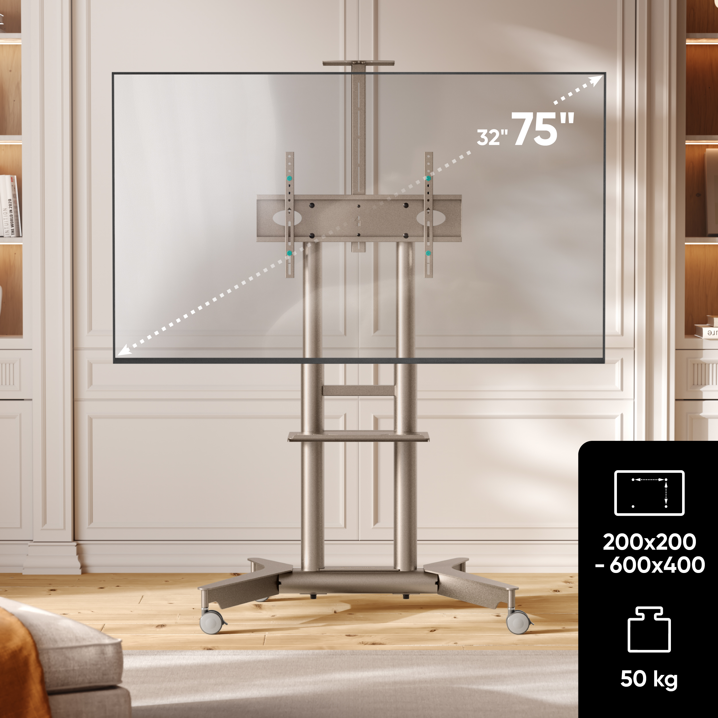 Ein mobiler TV-Ständer für 32-75 Zoll Bildschirme, 200x200-600x400mm VESA, 50kg.