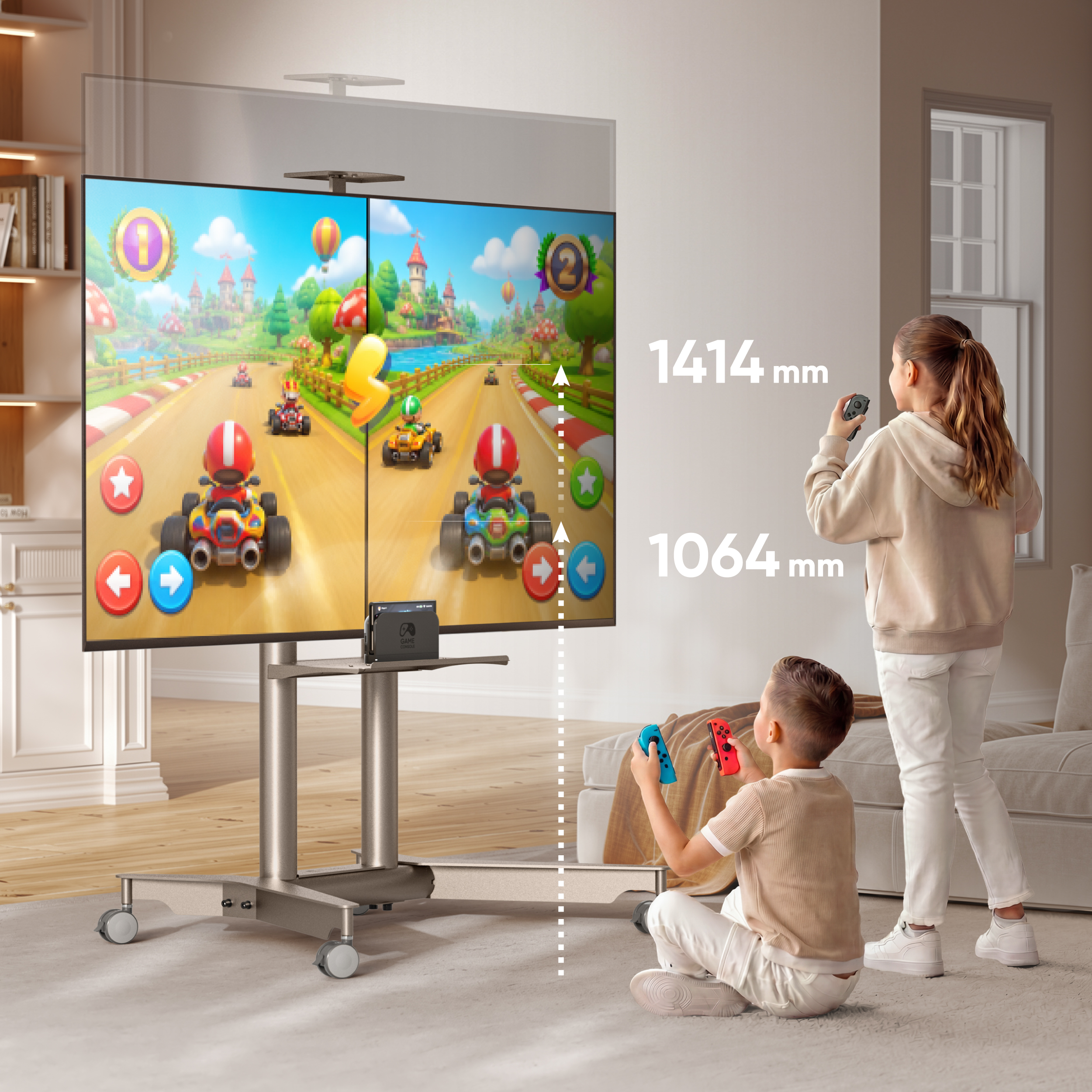 Kinder spielen ein Autorennen-Videospiel auf einem geteilten Bildschirm, während sie Controller halten.