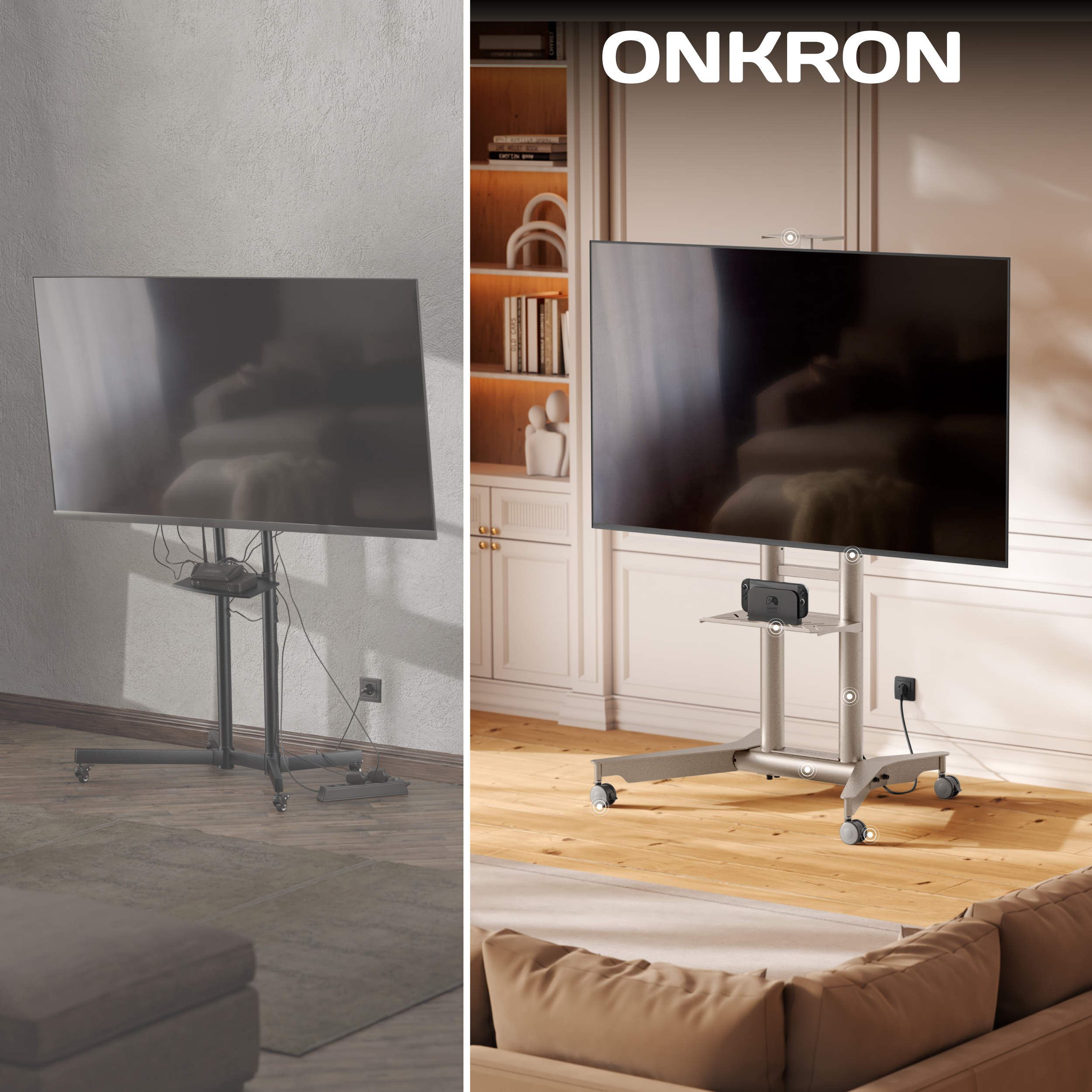 Ein mobiler Fernsehständer mit einem großen Bildschirm und Zubehör in einem modernen Wohnzimmer.