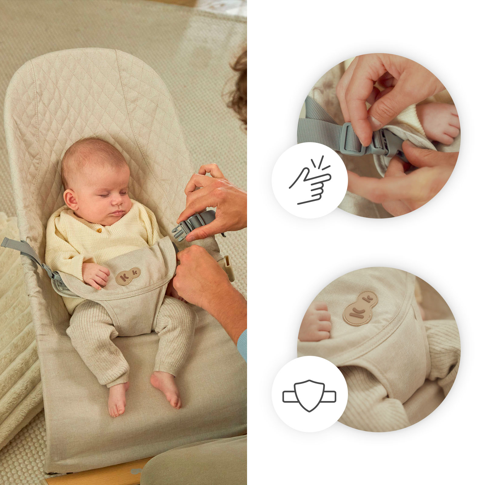 Ein Baby schläft in einer beige Babyschaukel, während eine Hand den Gurt schließt.