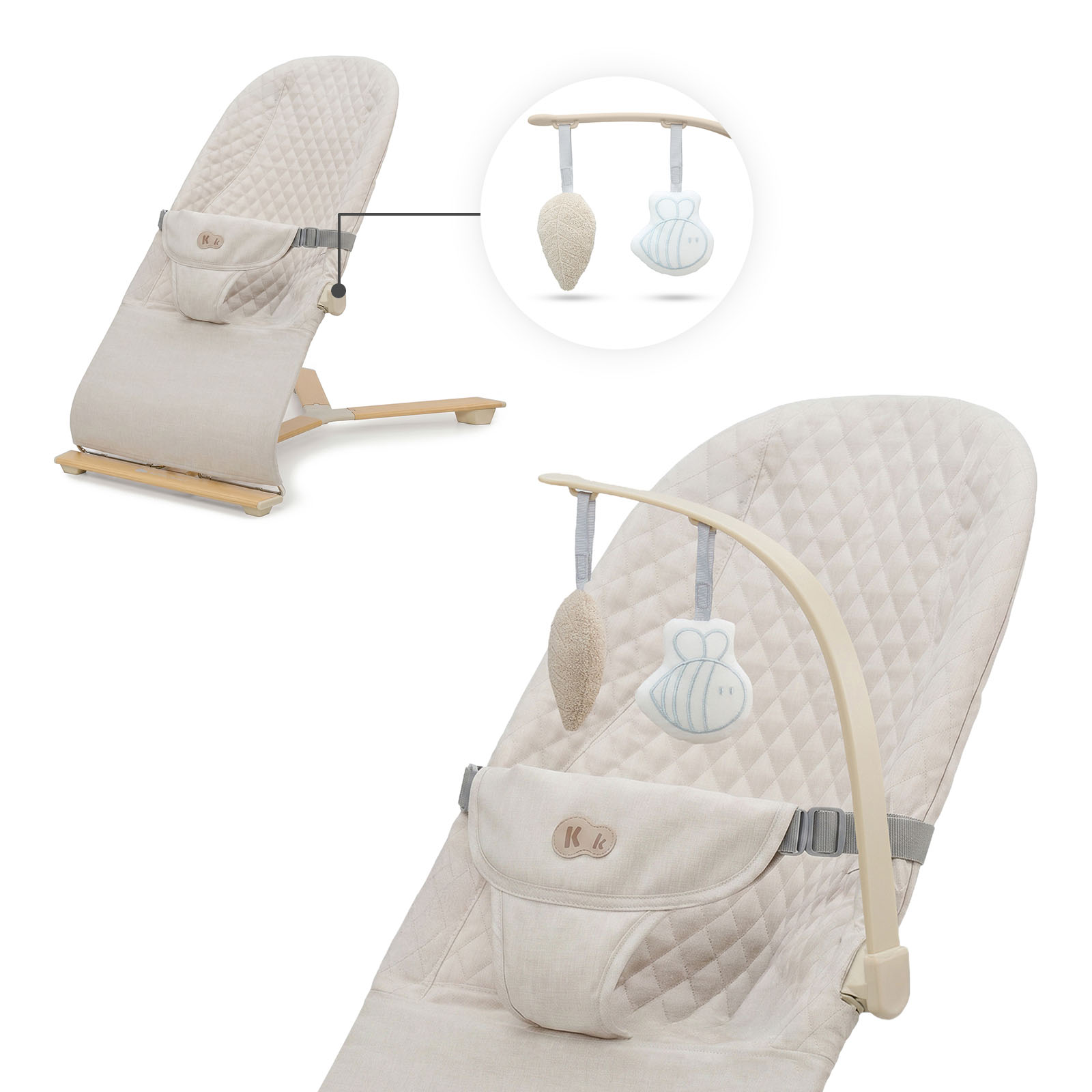 Ein beigefarbener Babywippen mit Holzgestell und Spielzeug.