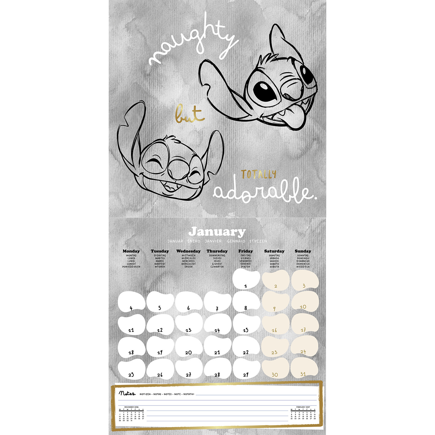 Kalenderblatt für Januar mit Stitch-Illustrationen und Monatsübersicht.