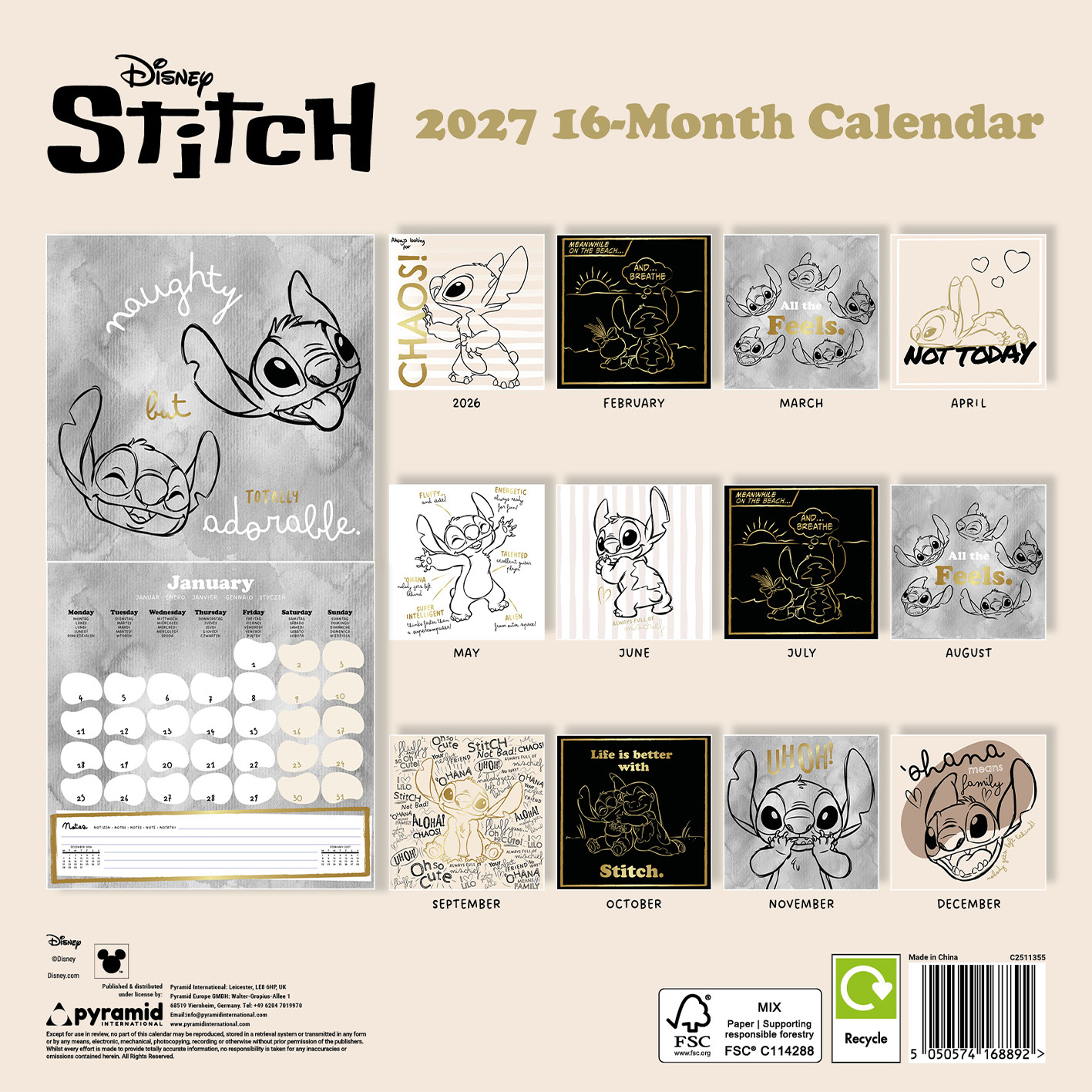 Disney Stitch Kalender 2027 mit Monaten, Stitch-Illustrationen und Zitaten.