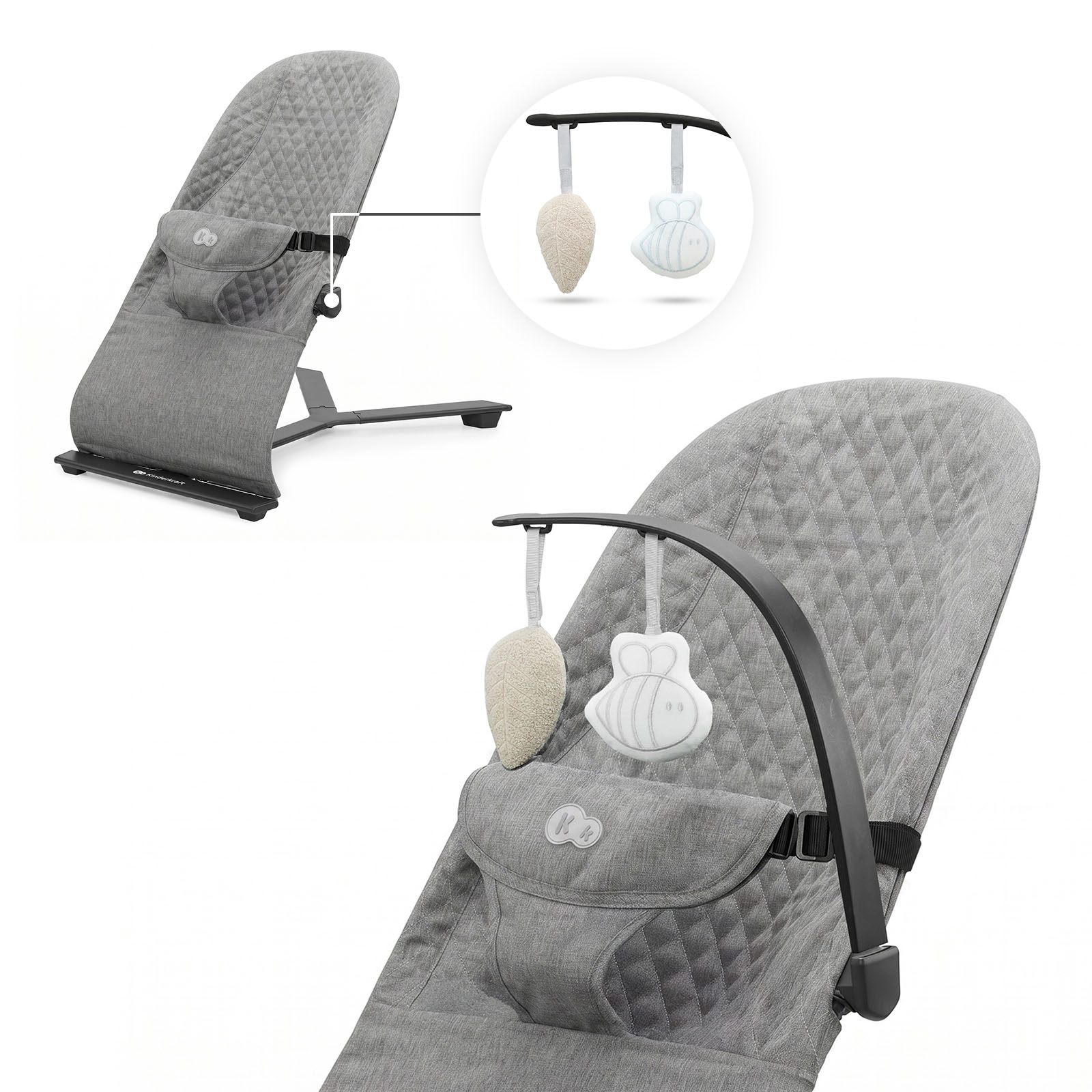 Grauer Babywippen mit Spielzeug, ein Blatt und eine Biene.