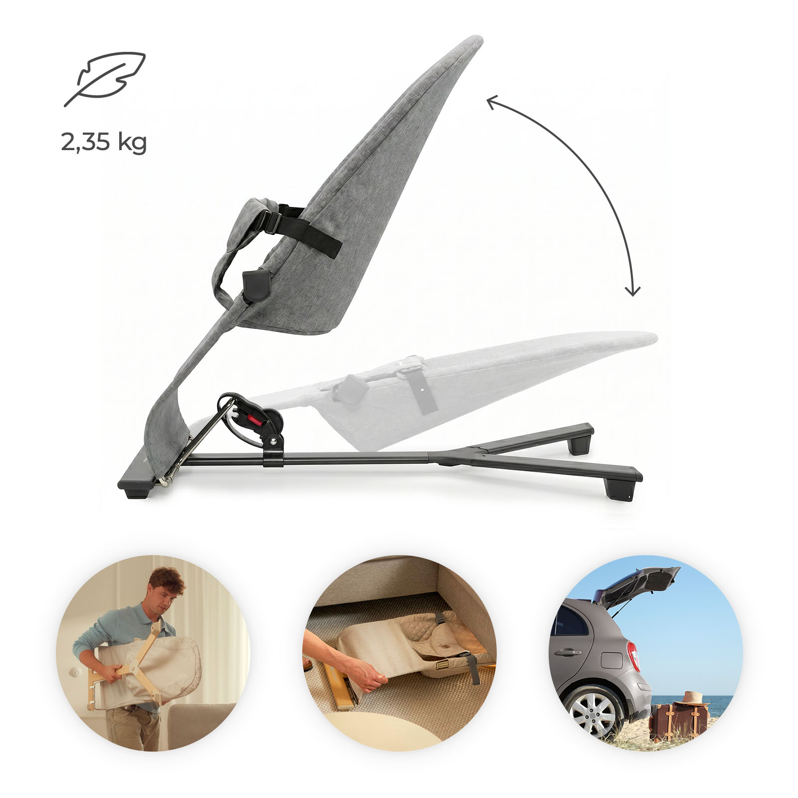 Leichter grauer Babywippen-Rahmen, 2,35 kg, faltbar und transportabel.