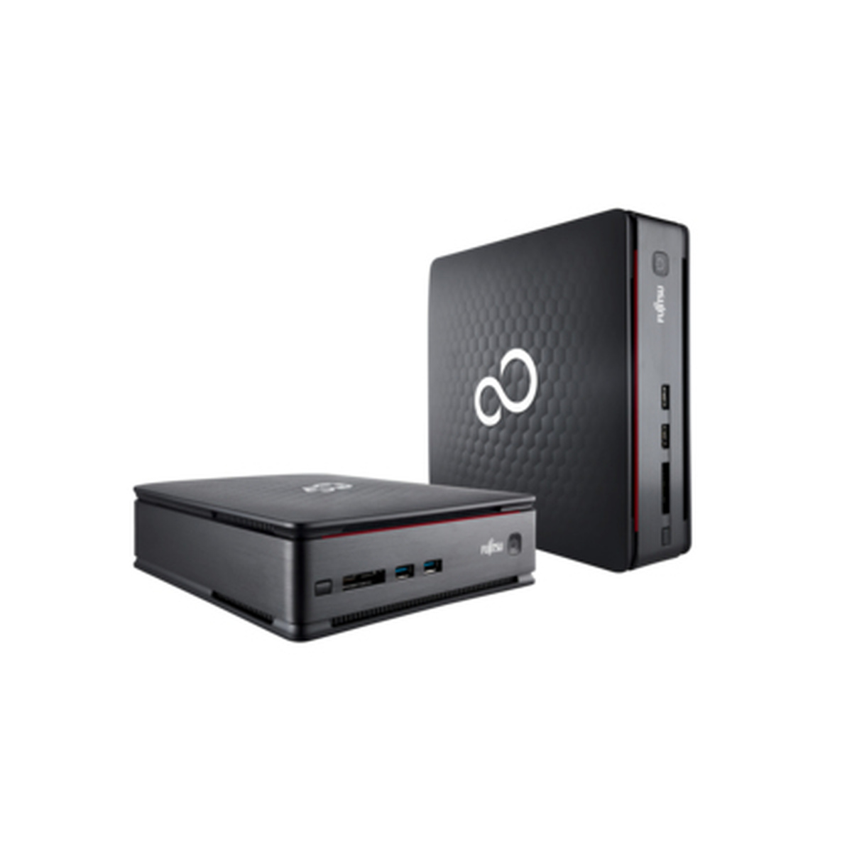 Zwei schwarze Fujitsu-Computer, einer flach, einer aufrecht, mit roter Linie.
