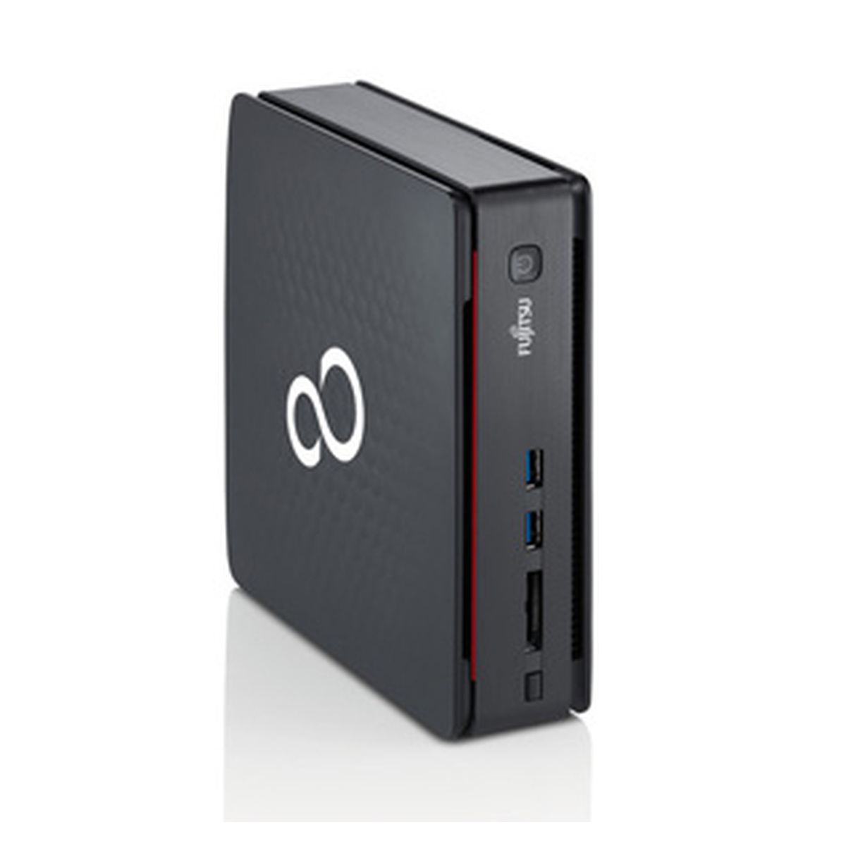 Schwarzer Fujitsu Mini-PC mit weißem Infinity-Symbol und roten Akzenten.