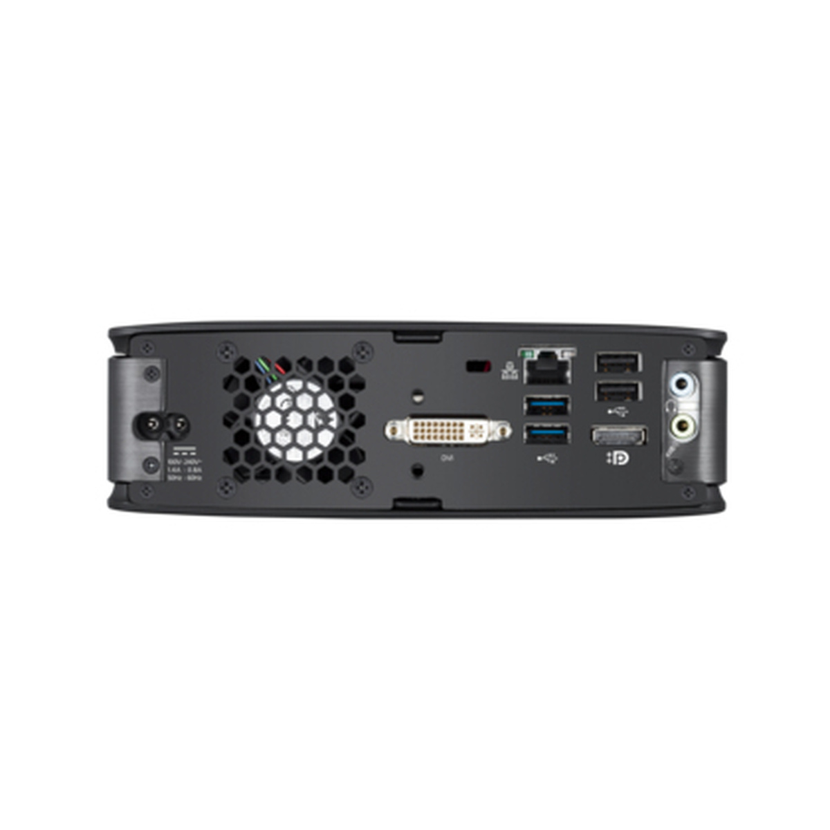 Rückseite eines schwarzen Computers mit Lüfter, DVI-, USB- und Audioanschlüssen.