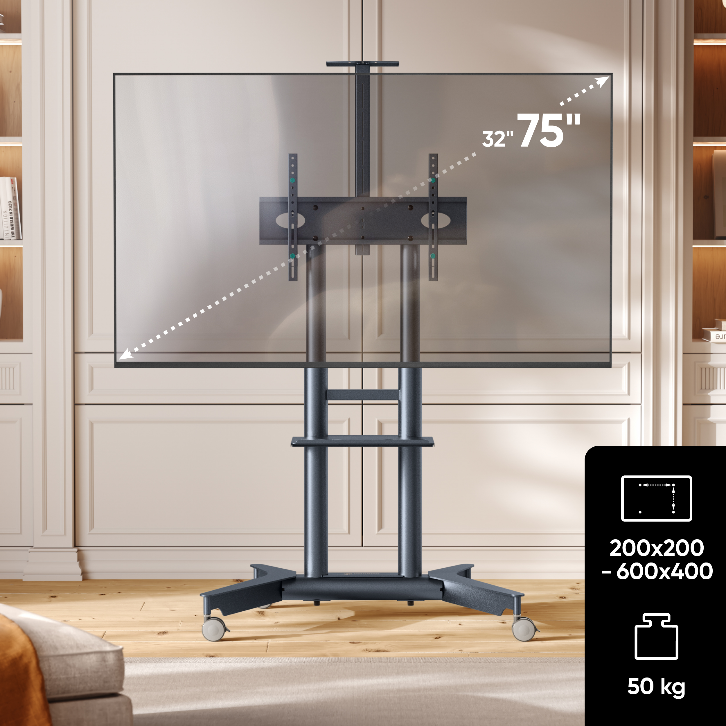 Ein dunkler TV-Ständer für 75-Zoll-Fernseher mit Rollen und Gewichtsanzeige.