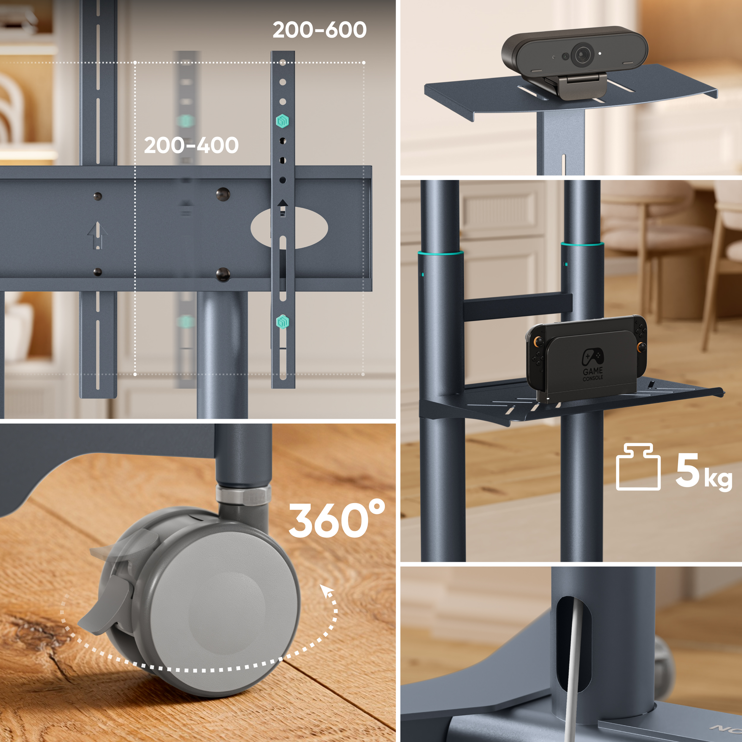 Ständer mit Webcam, Spielkonsole, 5kg-Symbol und 360°-Rädern.