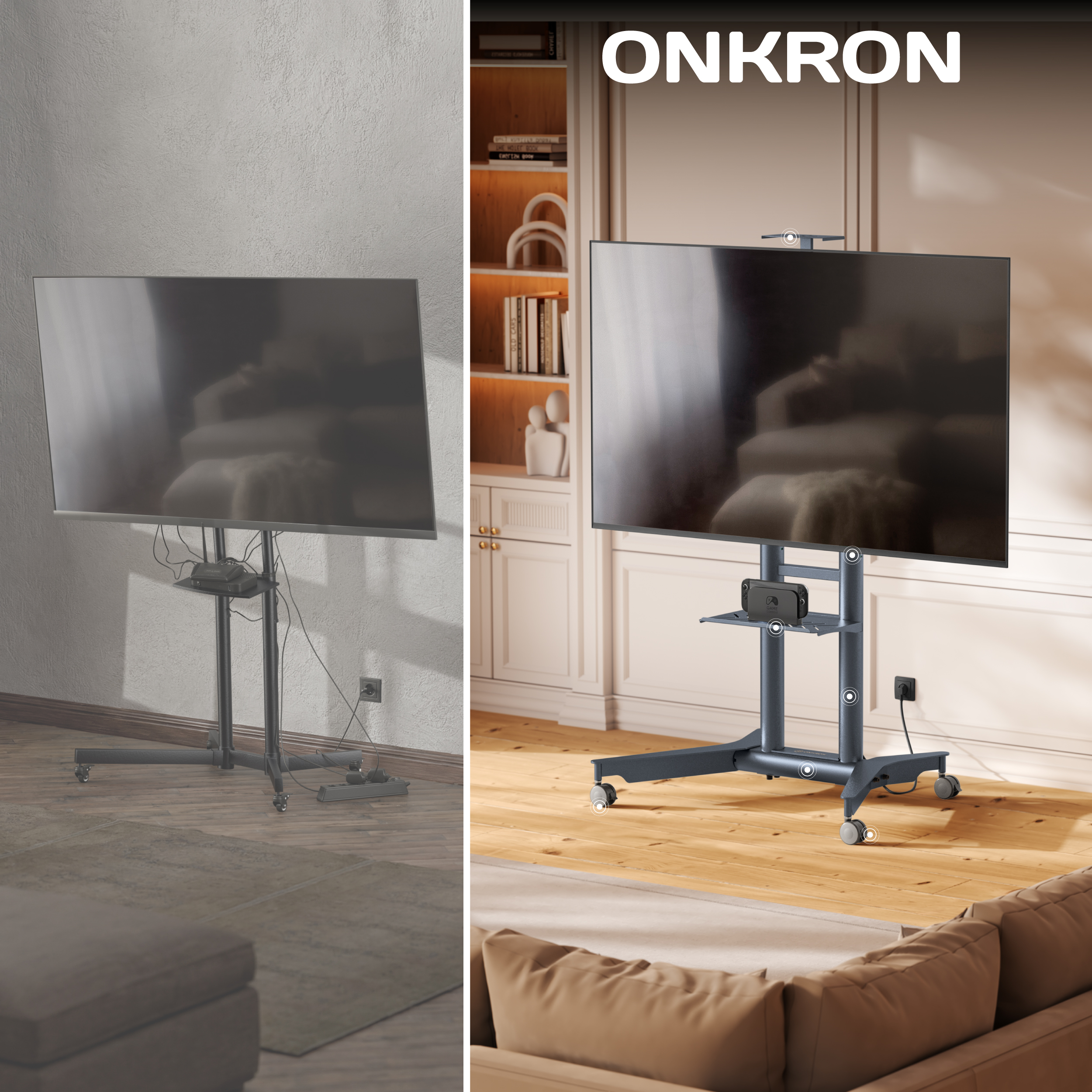 Ein dunkelgrauer TV-Ständer mit Rädern trägt einen Fernseher. Eine Nintendo Switch liegt auf einem Regal.