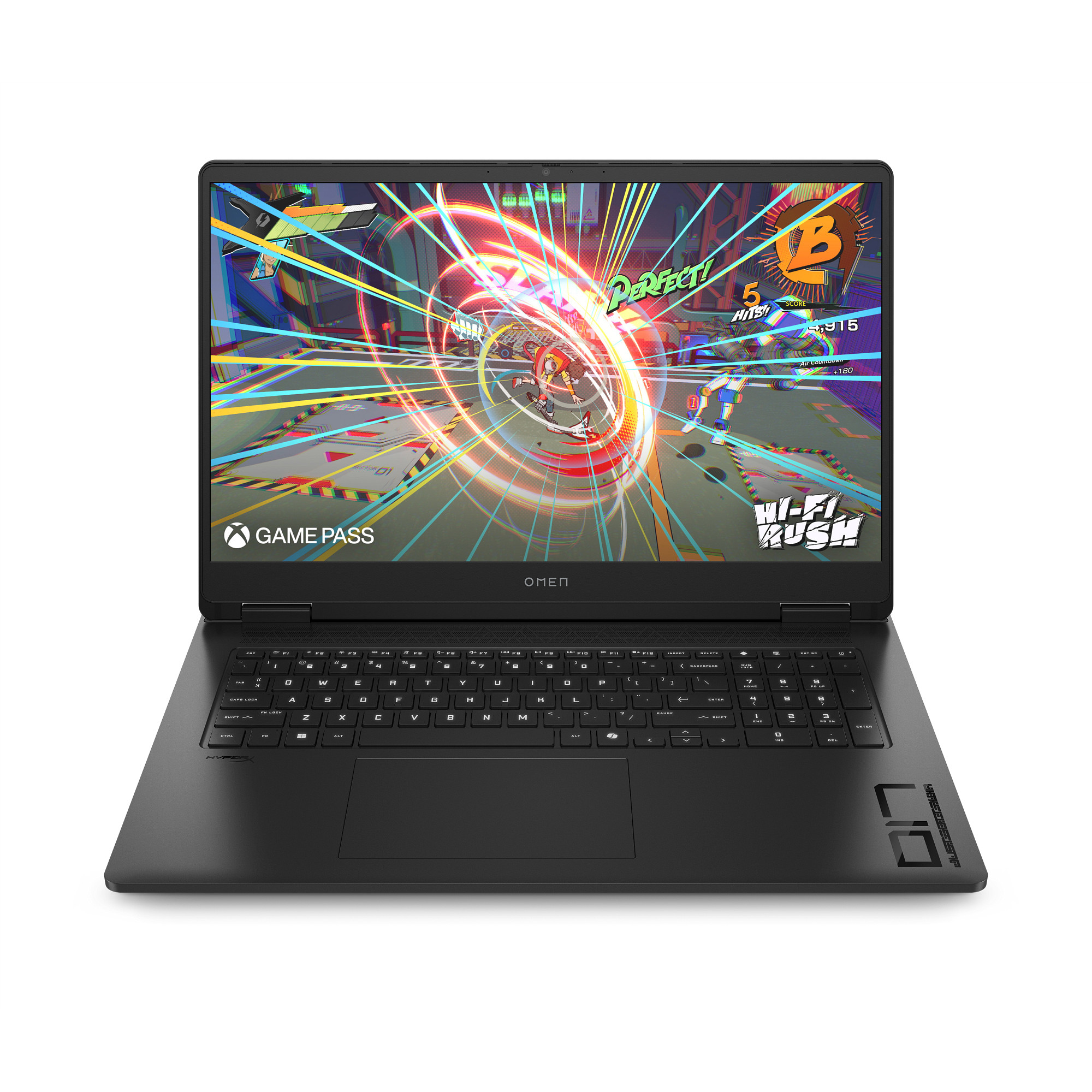 Schwarzer Laptop mit geöffnetem Bildschirm, auf dem ein buntes Videospiel läuft.