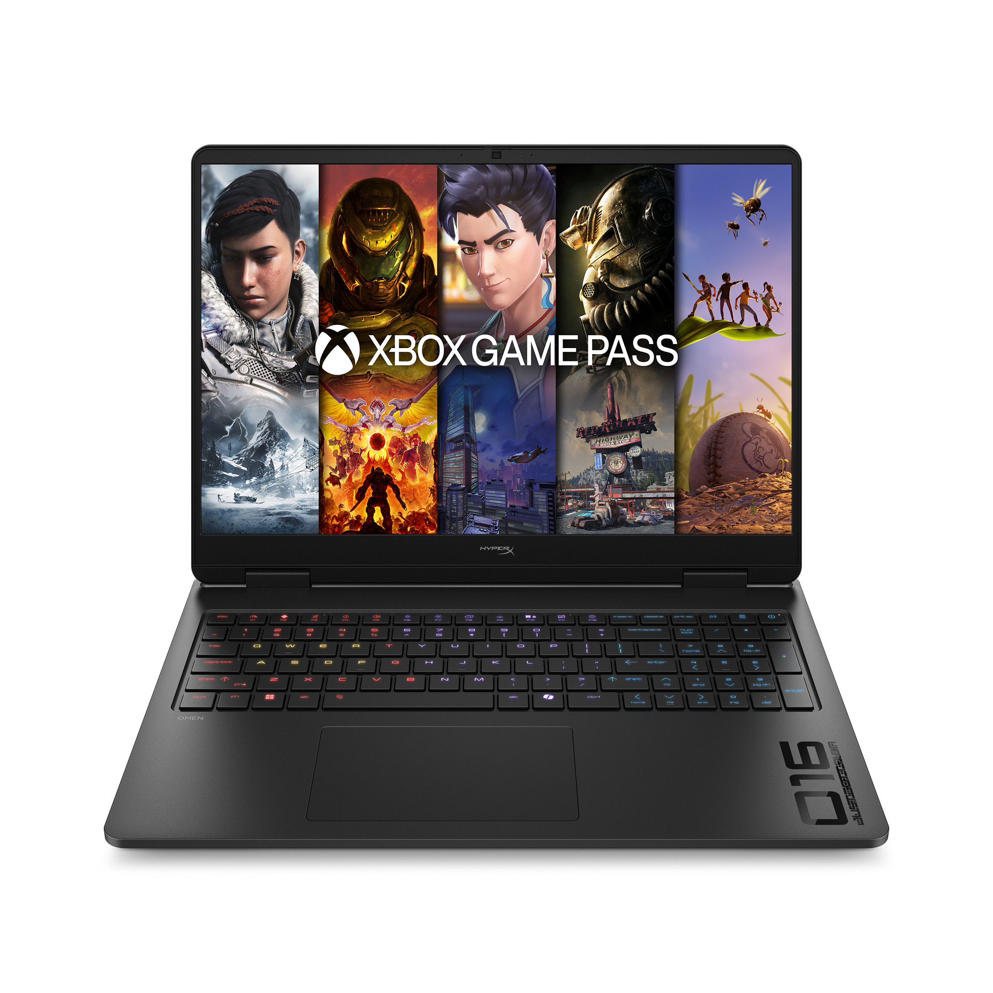 Ein schwarzer Laptop zeigt den Xbox Game Pass mit verschiedenen Spielcovern.