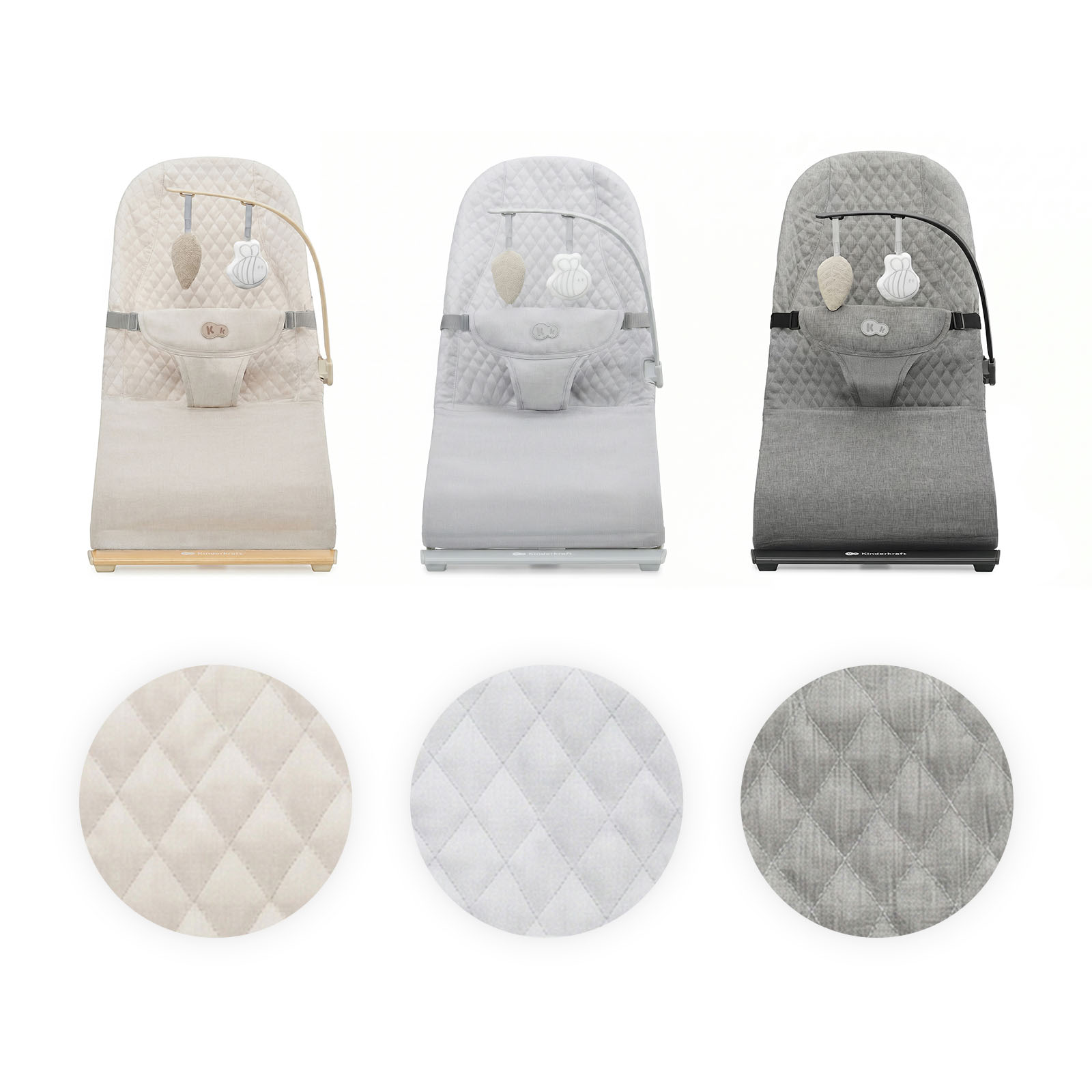 Drei Kinderwippen in Beige, Hellgrau und Grau mit Stoffmustern darunter.