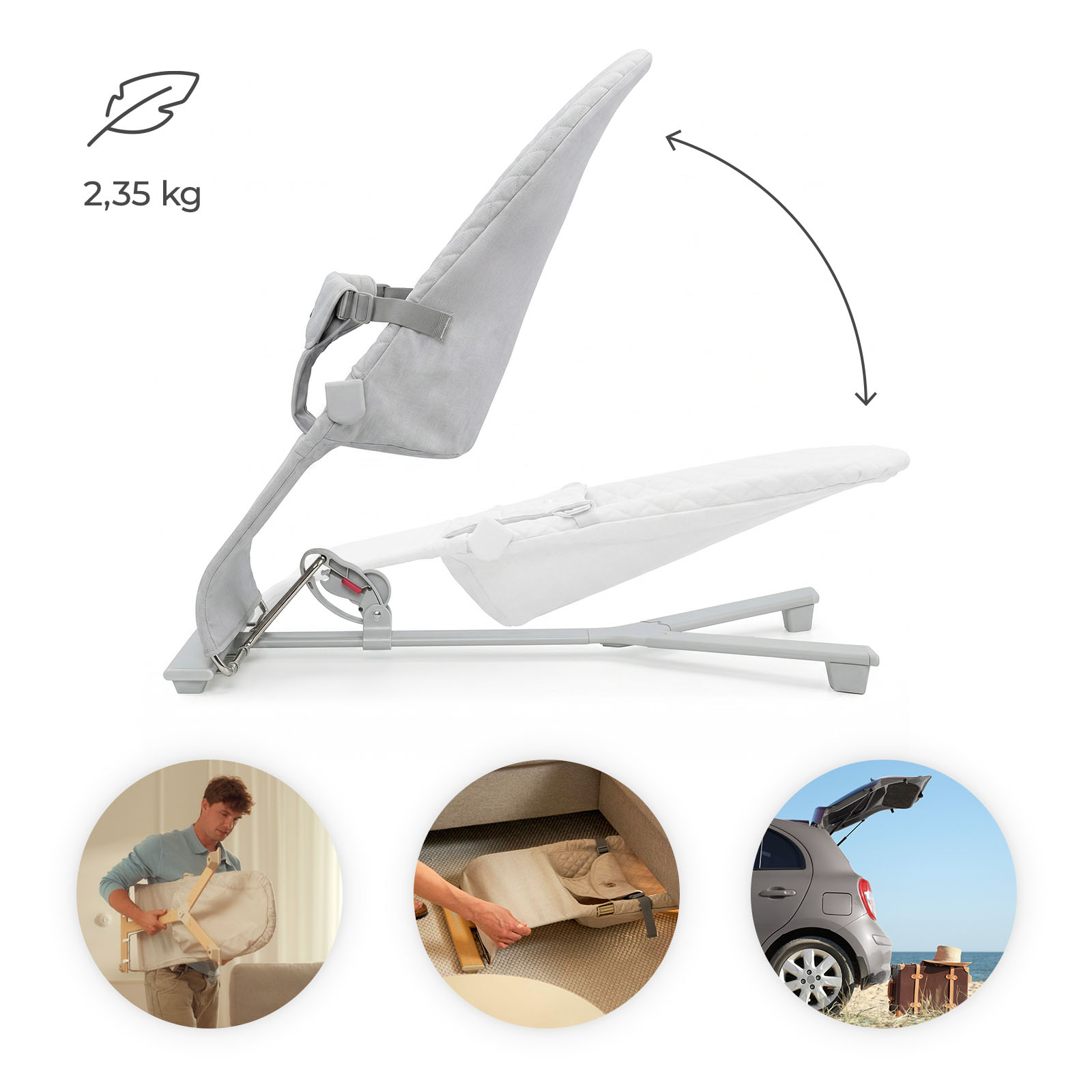 Leichter Babywippen-Rahmen in Grau, 2,35 kg. Zeigt Zusammenklappen und Transport.
