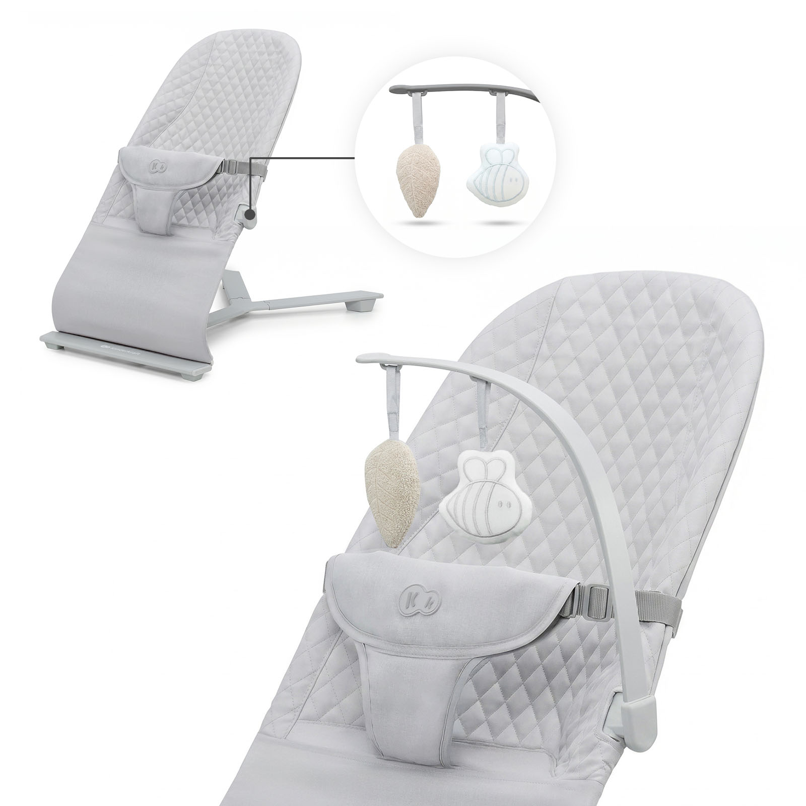 Grauer Babywippen mit Spielbügel und zwei Anhängern: Blatt und Biene.