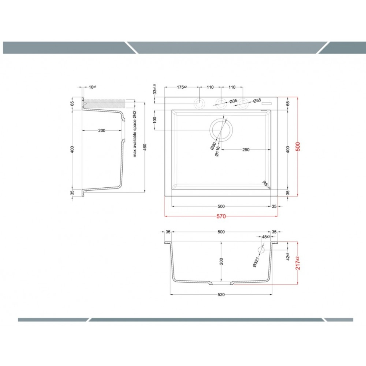 Disegno tecnico di un lavello con dimensioni e fori.